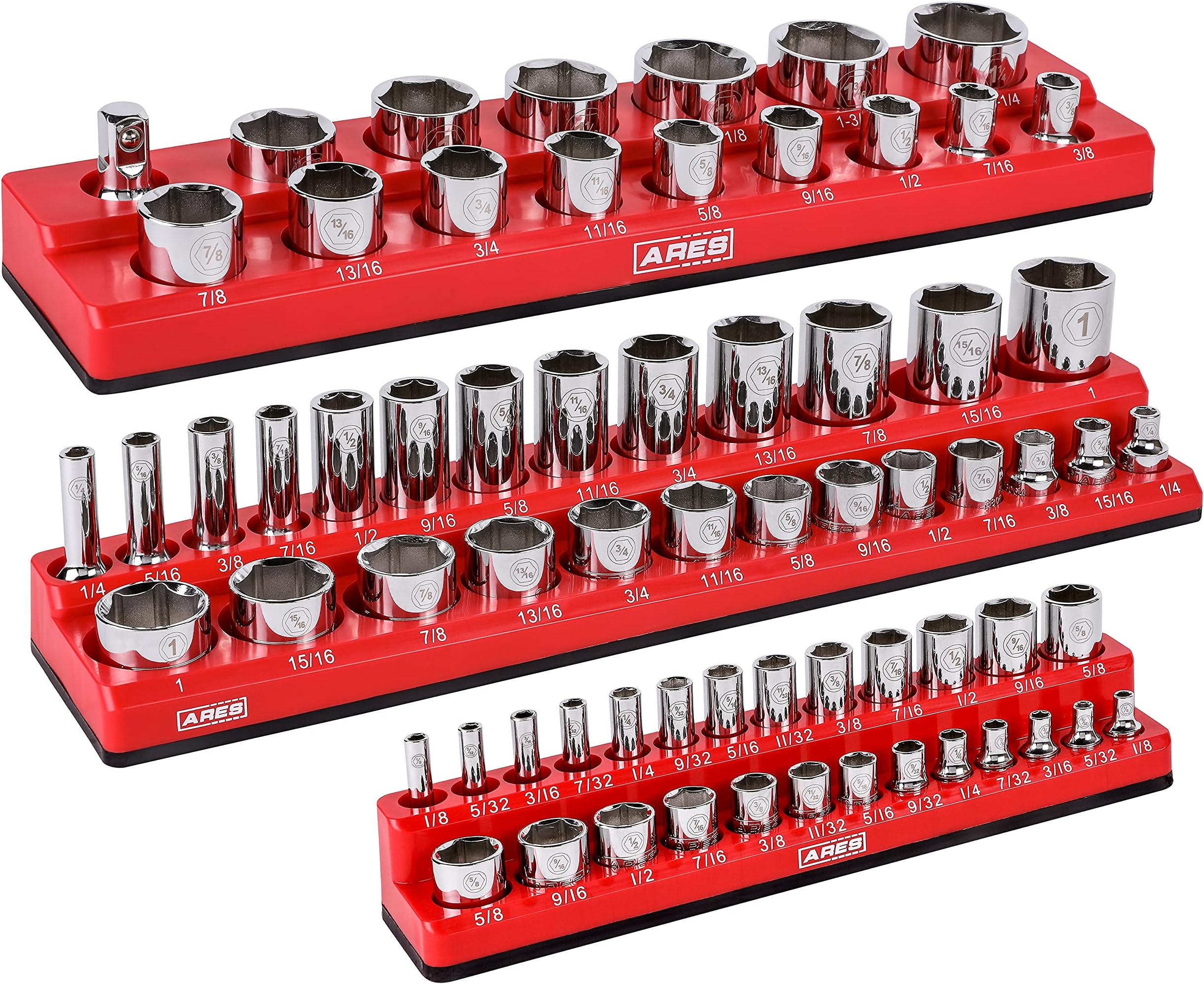 ARES60035-3-Piece Set SAE Magnetic Socket Organizers - RED -Includes 1/4 in, 3/8 in, 1/2 in Socket Holders - Holds 68 Standard (Shallow) and Deep Sockets - Also Available in GREEN