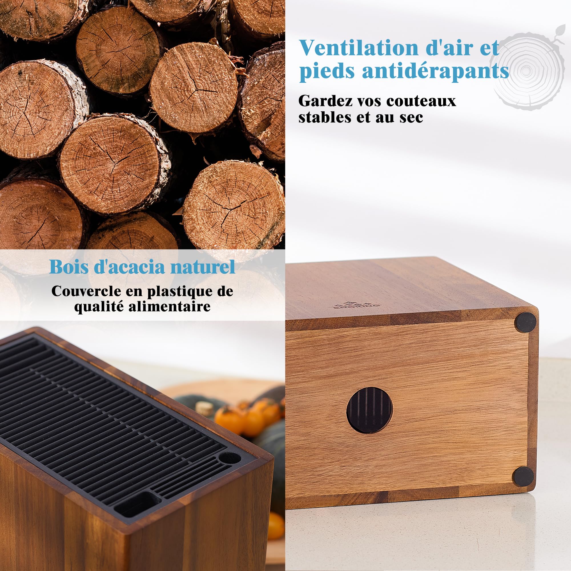 ENOKING Porte Couteaux en Bois D'acacia, Range Couteaux de Cuisine Universel Avec Couvercle en Plastique, Bloc Couteaux Cuisine Vide de Haute Qualité Pour Couteaux Et Ciseaux À Volaille/aiguiseur