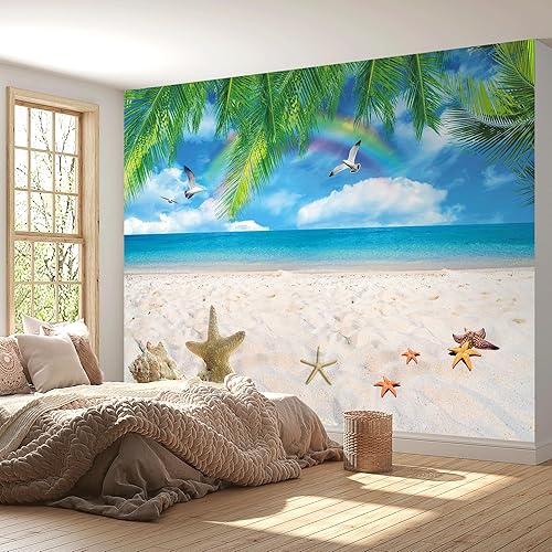 Miniatura 4 de AMUGISH Sunshine Beach - Papel tapiz de gaviota con nubes blancas y cielo azul, mural de pared de árbol de coco para dormitorio, sala de estar (79