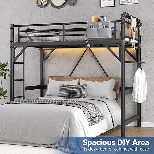 Miniatura 7 de Cama tipo loft tamaño twin con luces LED y estación de carga, marco de cama loft de metal industrial resistente con escalera y barandilla para niños