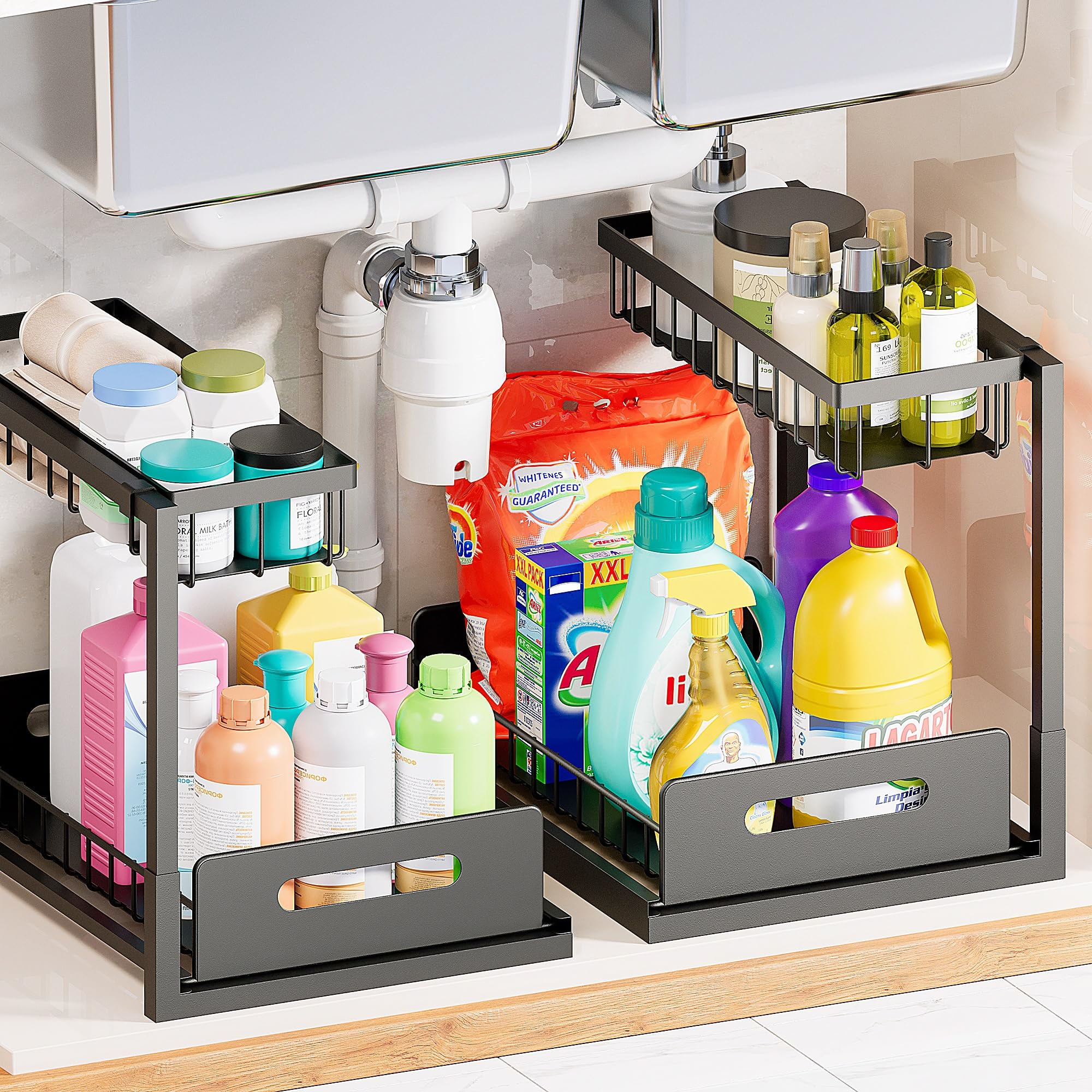 VUSIGN Organizer und Aufbewahrung unter der Spüle, ausziehbarer Schrank-Organizer, ausziehbares Spülbeckenregal für Küche, Badezimmer, Wäsche,
