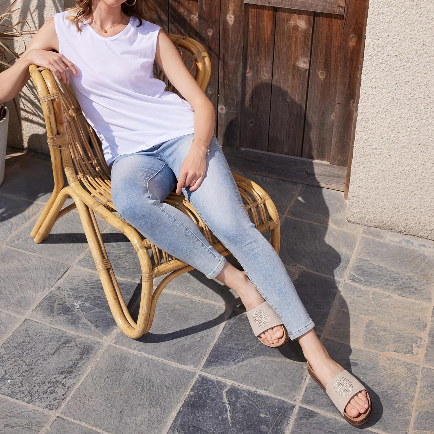 Women's Suede Slide Sandals with Arch Support,Cork Comfortable Summer Flat Sandals for Women 2025 Beach Vacation Shoes,Cute Dressy Sandals Outdoor Slippers - Image 3