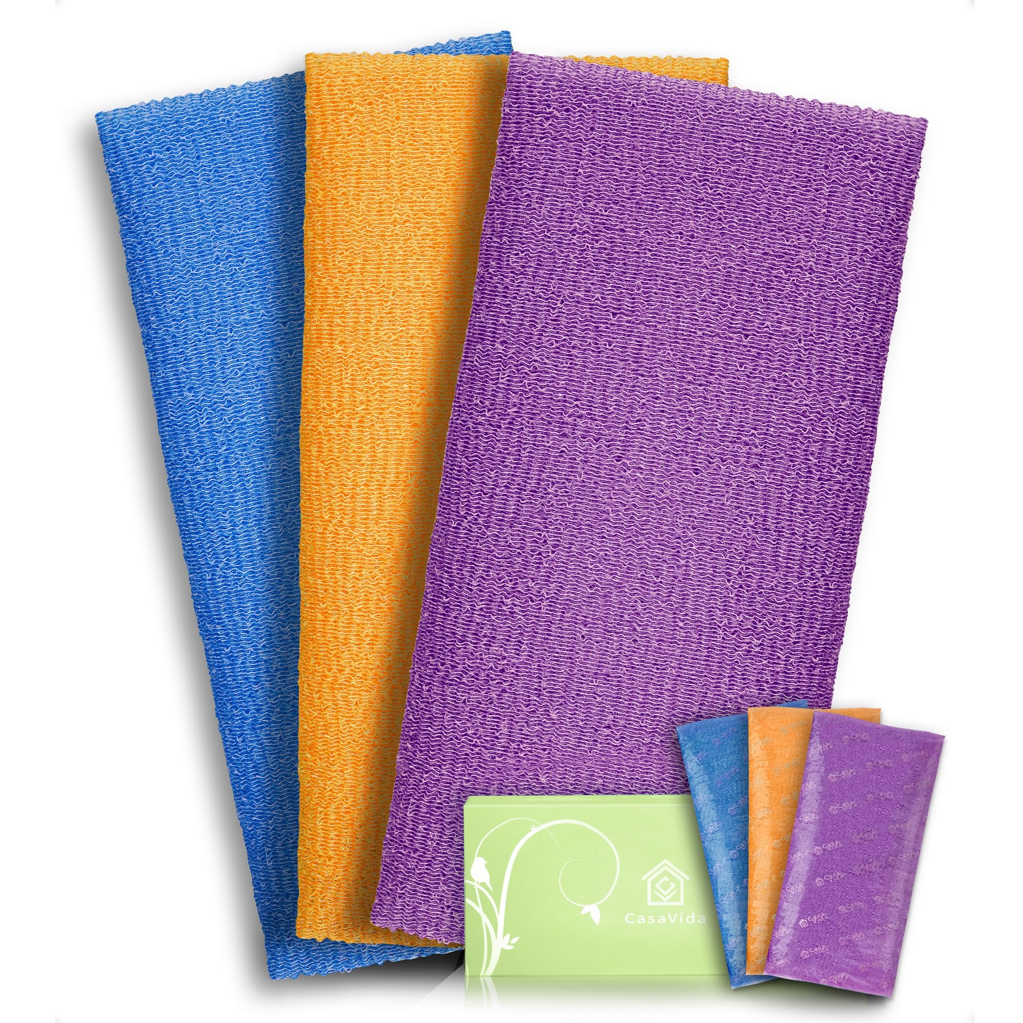 CasaVida Exfoliating Washcloth Back Scrubber for Shower Exfoliating Body Scrubber Japanese Beauty African Net Sponge Bath Korean Loofah Towel Wash Cloth Body Scrub 3 Pack (Orange + Purple + Navy-Blue)