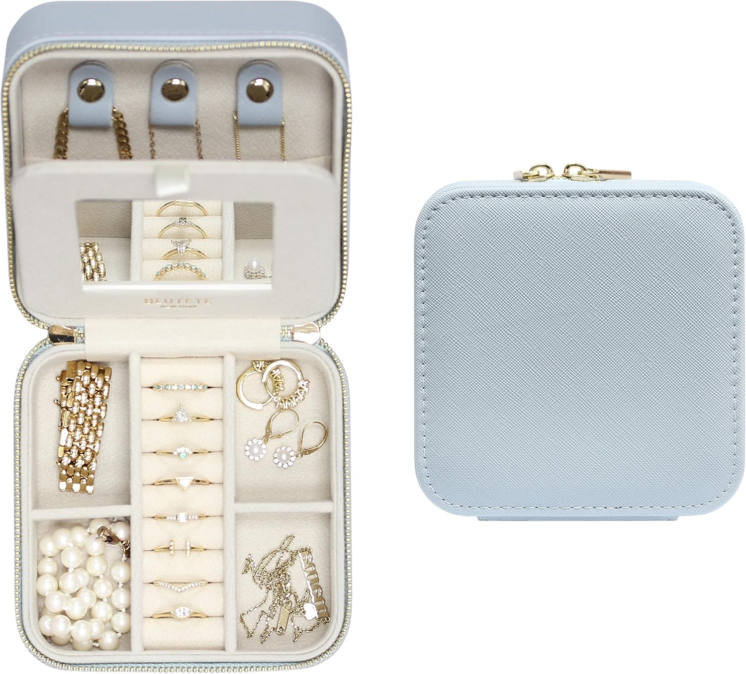BLUTETE Saffiano Leather Travel Jewelry Box with Mirror | Portable Jewelry Zipper Case | Multi Compartments Jewelry Organizer for Women | Popular Gift Jewelry Box Rings Earrings Nacklaces (Sand)