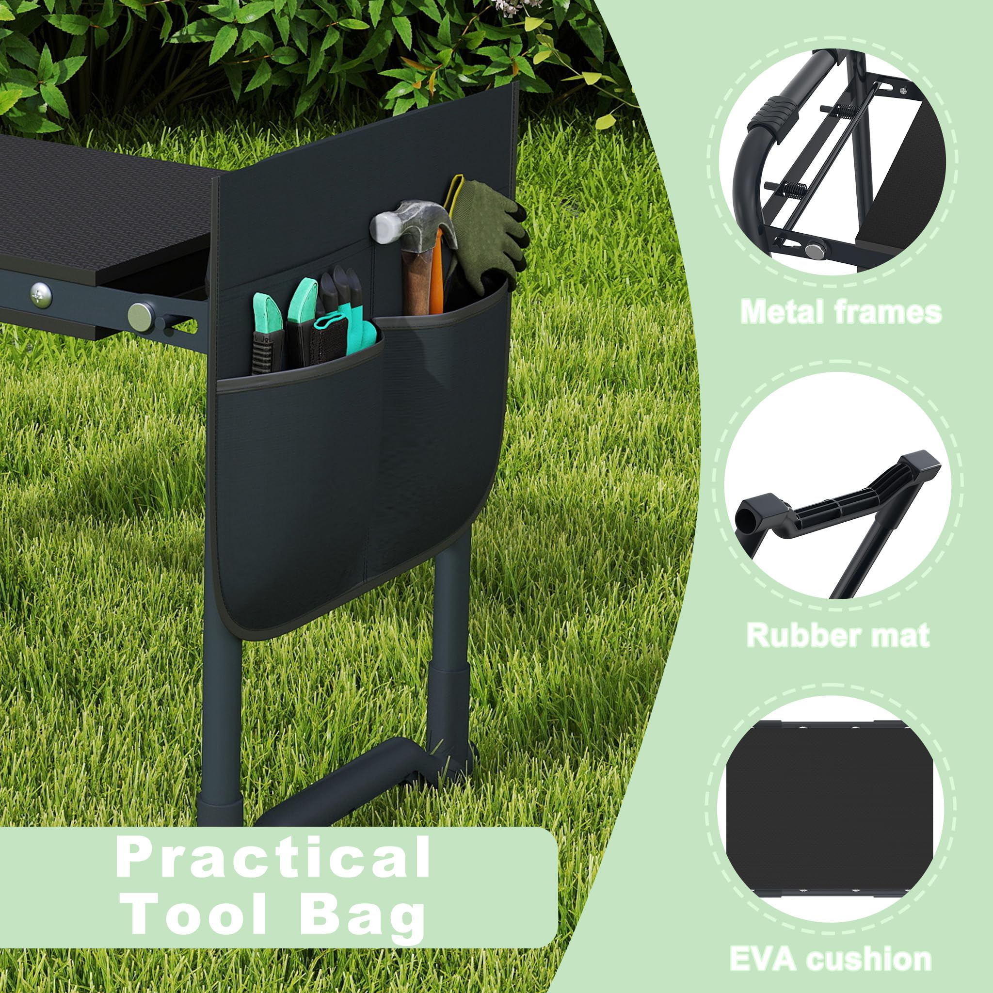 NAIZY Banc de jardin pliable - 59 x 28 x 49 cm - Avec coussin en mousse EVA et sac à outils - Charge maximale : 150 kg - Anthracite