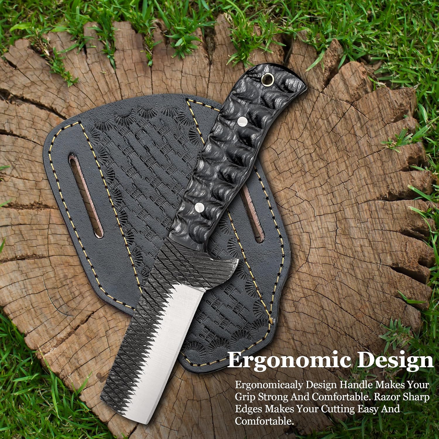 Cowboy Knives with Leather Sheath - 8” Sharp Handmade Rasp steel Bull Cutter Knife - EDC Fixed Blade Hunting Knife for Skinning, Camping, Bushcrafting and Outdoor Activities (black)