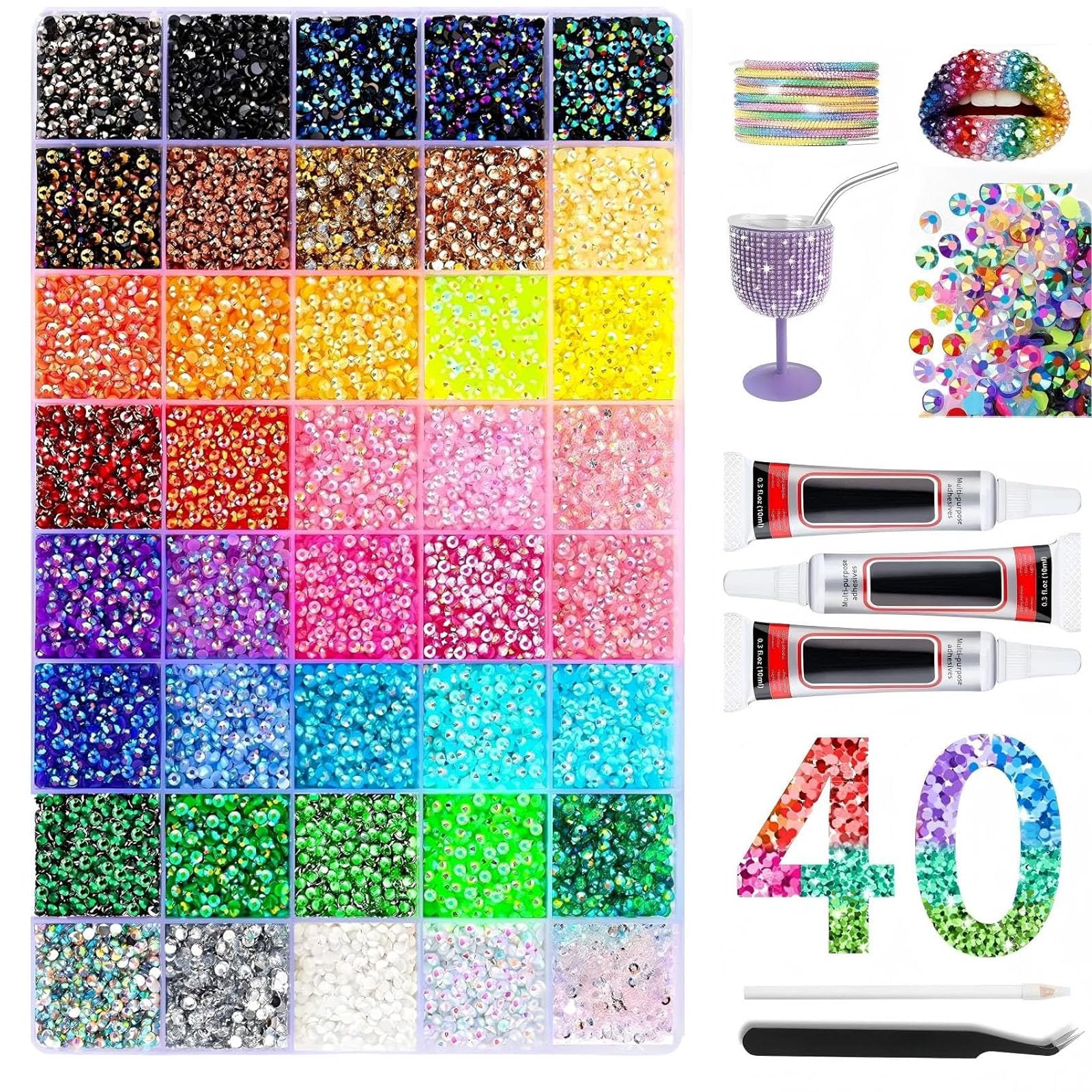40 Couleurs Bedazzling Kit, 32 000 Pcs de Strass à Dos Plat de 3mm pour le Bedazzling kit Avec Pince à épiler, Strass a Coller DIY pour Nail Art, Ongles, Vêtements, Chaussures, Vêtements,Chaussures