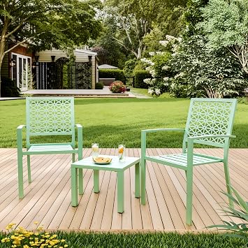 3-Piece Outdoor Bistro Set Modern Patio Furniture Set with 2 Decorative Iron Chairs and Square Coffee Table, Perfect for Balcony, Porch, Garden, Lawn, Green