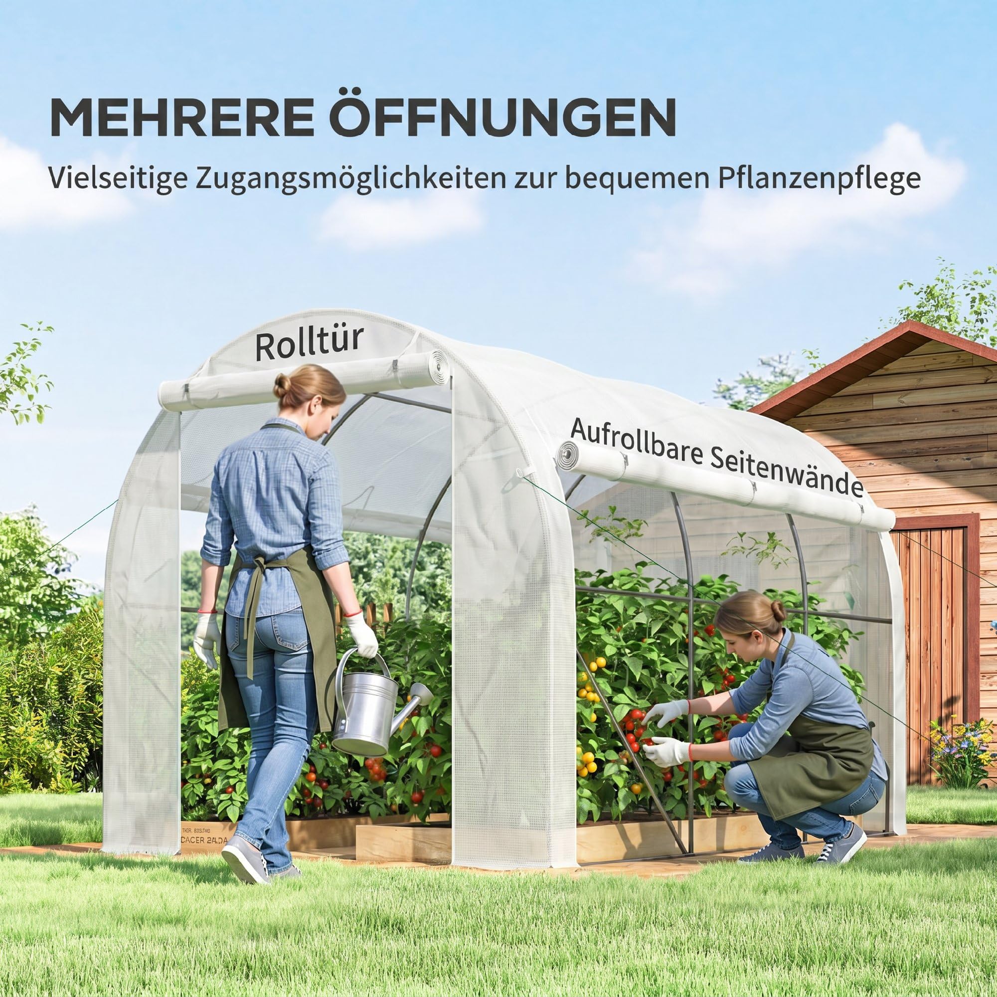 Outsunny Serre de Jardin 6 m² 3 x 2 m avec 1 Porte + 2 parois latérales zippées enroulables, 6 fenêtres, Acier galvanisé PE Haute densité 140 g/m² Anti-UV Blanc