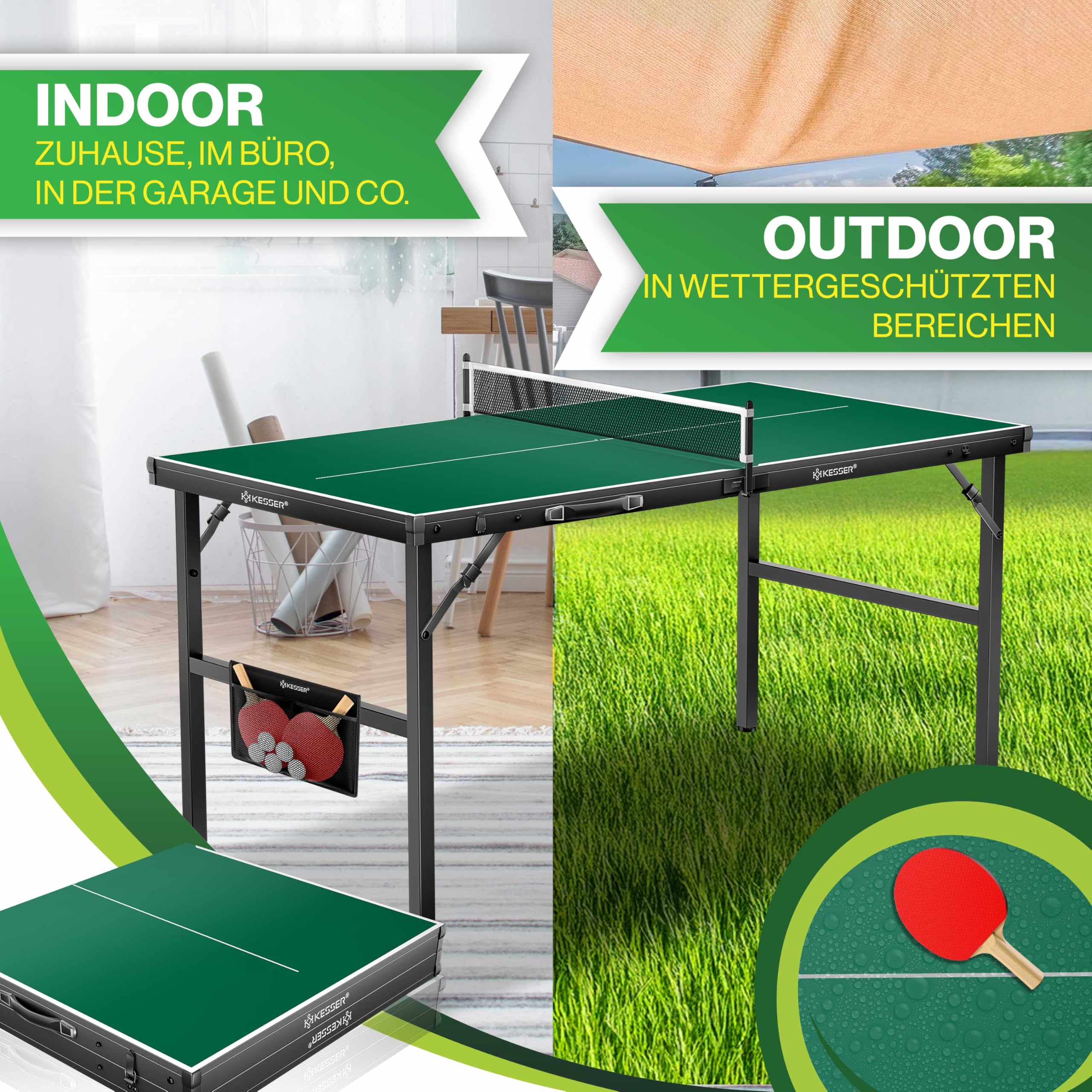 KESSER Mini table de ping-pong d'extérieur | Intérieur avec ensemble de raquettes de ping-pong, balles de tennis de table et filet TT – Résistant aux intempéries | Laminé | Pliable pour les