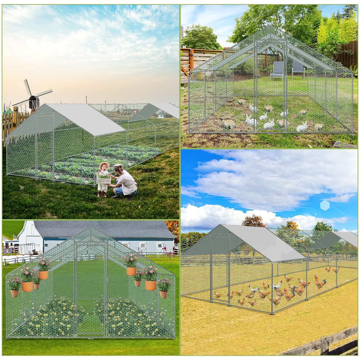 Jopassy Kurnik, 3 x 8 x 2 m, metalowy wybieg, klatka dla małych zwierząt, woliera z plandeką dachową, wybieg dla kur i małych zwierząt