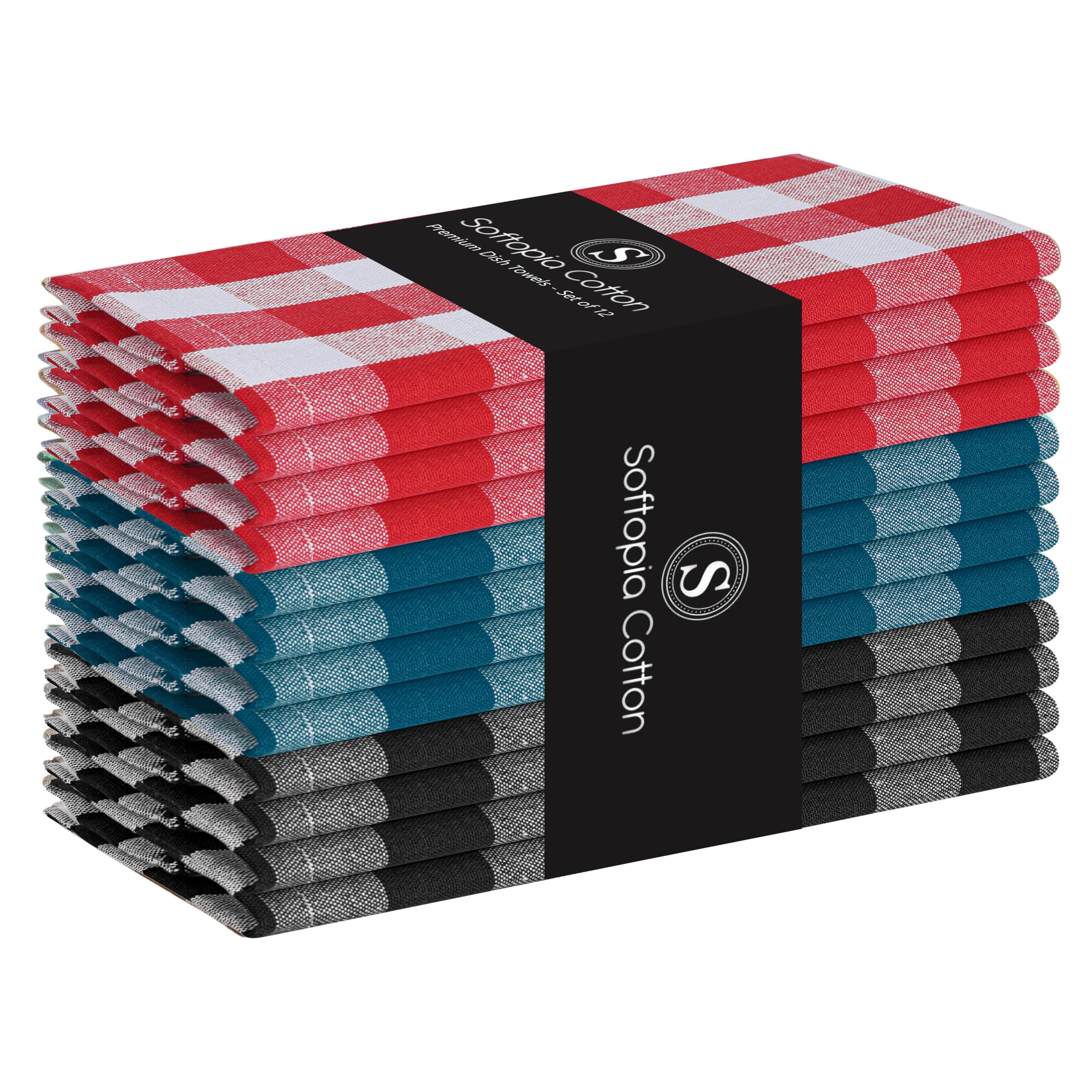 Multi Dish Towels 12 Pack Combo, 18"x26", Quick Drying Cloths, 100% Cotton, Absorbent Wash Rags, Washable, Reusable Cleaning Towels for Dishes, Kitchen Drying Use - Red, Black, Teal