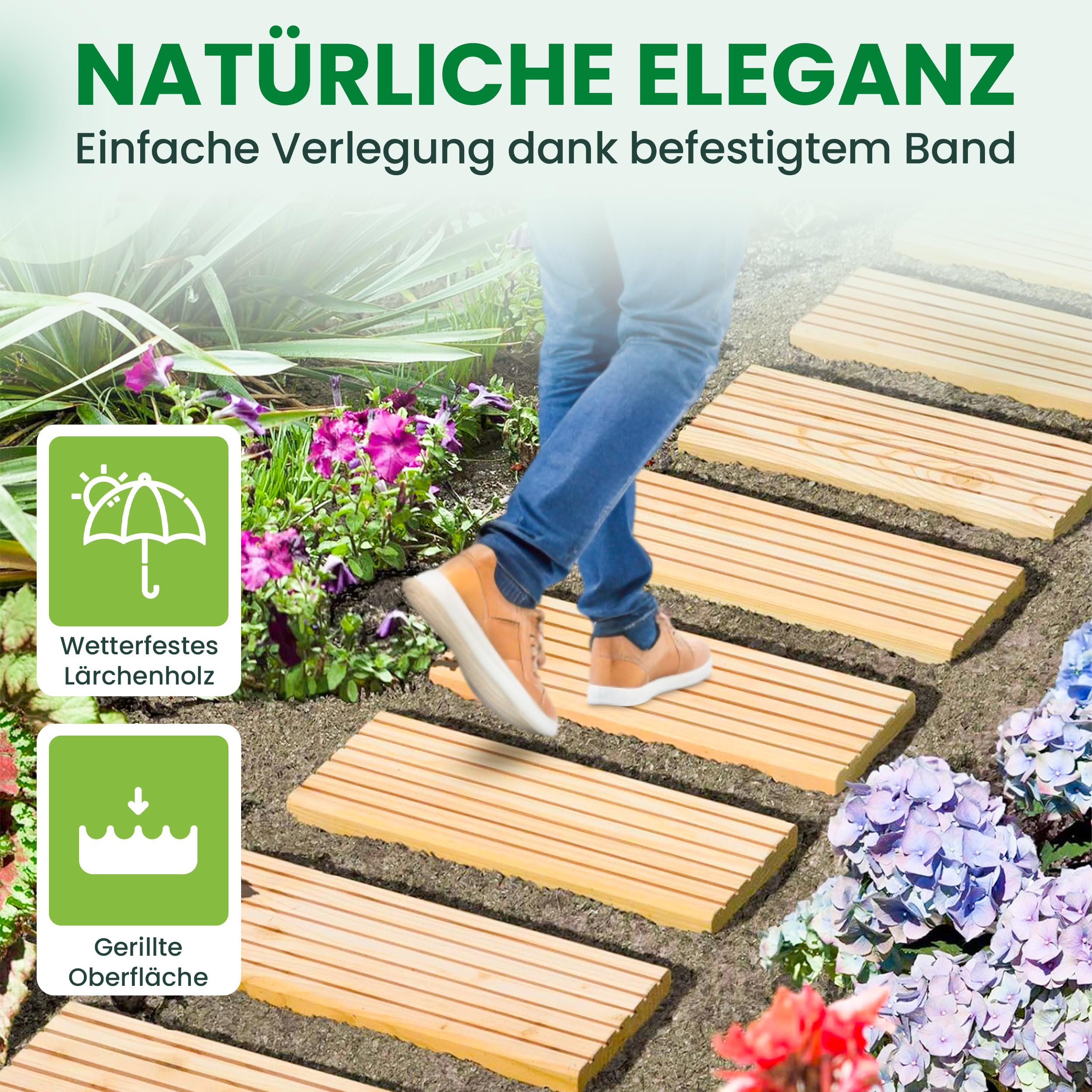 Gartenwelt Riegelsberger Rollweg Lärche 26 × 250 cm Holzweg flexibel | Lärchenholz | Geriffelte Trittflächen | Rollbar | Wetterfest | Für Garten, Rasen, Beete & Wege