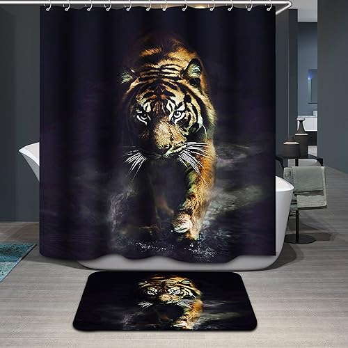 Miniatura 7 de TJZ HOME Cortina de ducha de tigre, animales altos y potentes, 72 x 72 pulgadas, cortina de baño temática para hombre, juego de decoración de baño