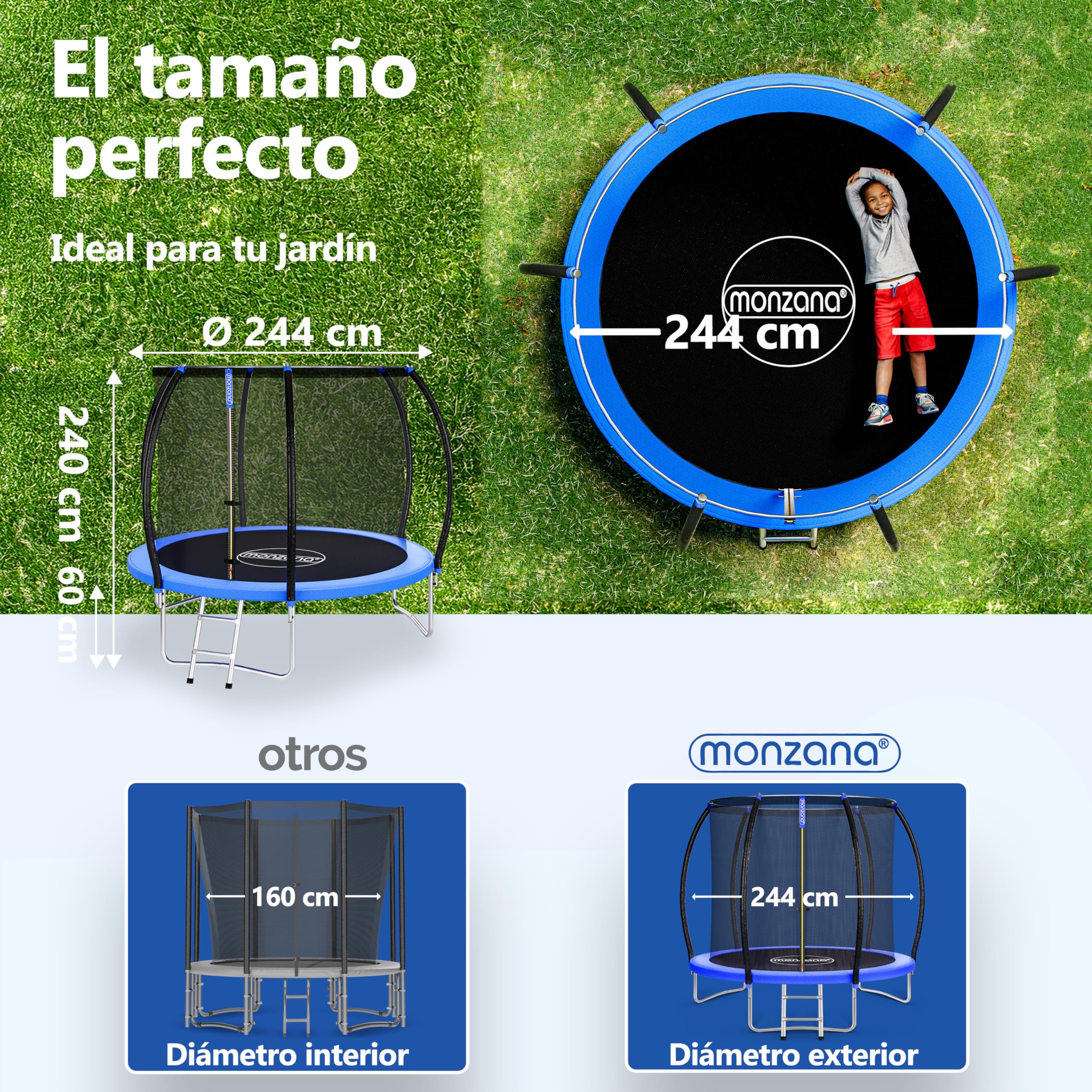 MONZANA® Trampolín Ø 244cm, Cama Elástica, Red de Seguridad, Protectores Bordes, Escalera, Trampolines para Niños, Juguetes Juegos Exterior, Set Completo, Deporte, Jardín, Certificado TÜV Rheinland GS