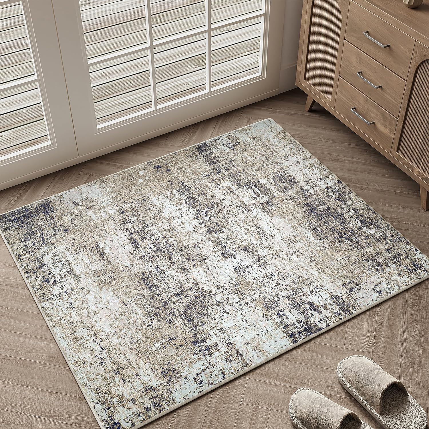 Washable Brown Area Rug 2x3 Modern Abstract Small Entryway Door Mat Neutral Soft Bathroom Carpet Low Pile Non Slip Indoor Throw Rug for Kitchen Bedroom Office Laundry Living Room
