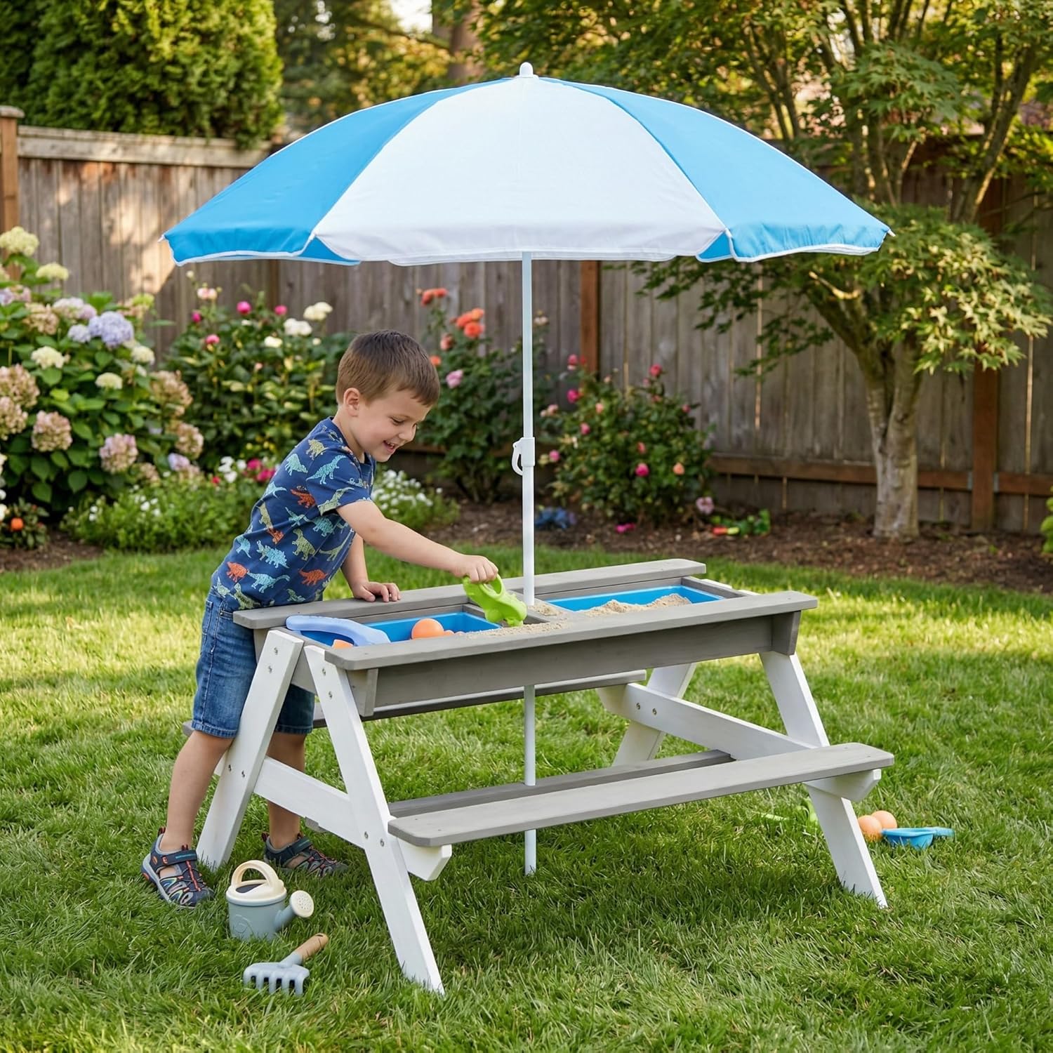 The Three-in-one Multi-Functional Outdoor Wooden Picnic Table and Sunshade Umbrella Integrate the Functions of a Picnic, Sand and Water Games, and an Activity Table. Picnic, Garden, Balcony. (Brown)