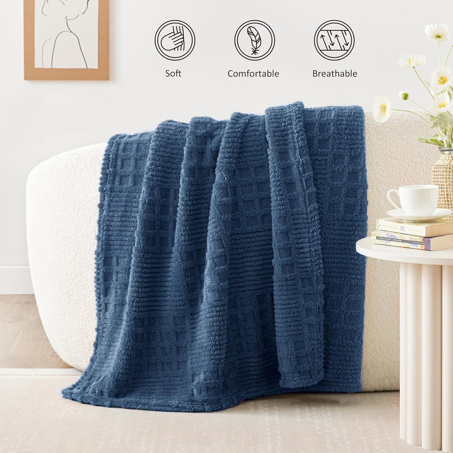 EXQ Home Fleece Throw Blanket for Couch or Bed - 3D Waffle Patchwork Pattern Jacquard Decorative Blankets - Cozy Soft Lightweight Fuzzy Flannel Blanket Suitable for All Seasons(50"×60",Dark Blue) - Image 2