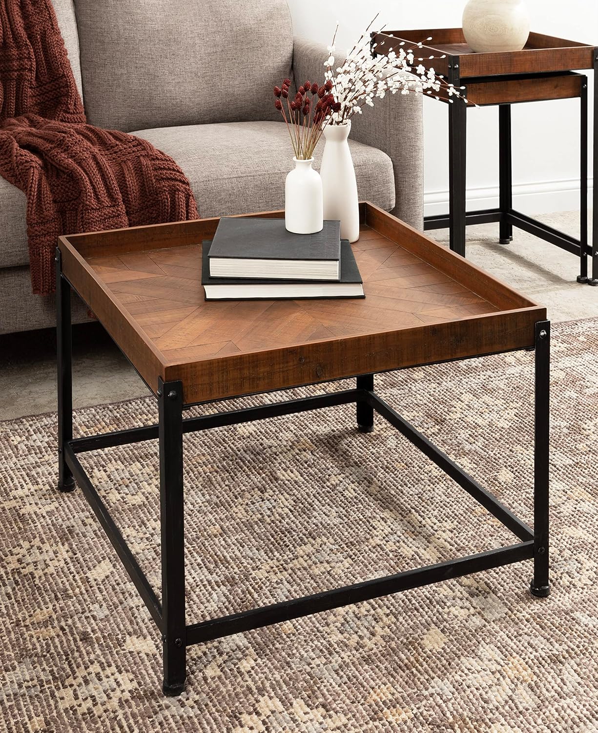 Kate and Laurel Marsh Square Wood and Metal Coffee Table, 27 x 27 x 18, Rustic Brown and Black, Modern Farmhouse Living Room Table with Mixed Materials Design and Industrial Iron Detailing