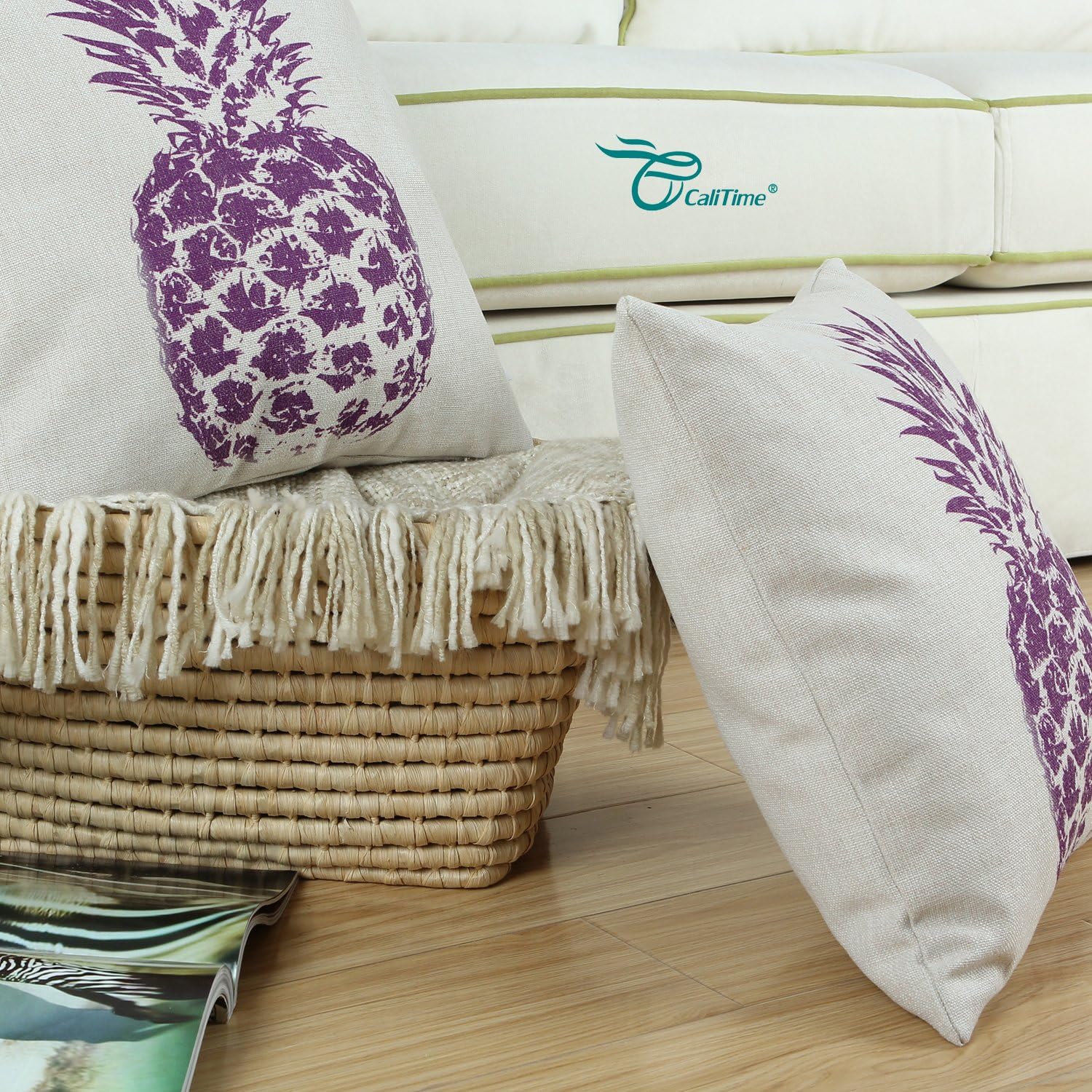 CaliTime Canvas Throw Pillow Cover Case for Couch Sofa Home Decoration Solid Pineapple Sketch Print 18 X 18 Inches Purple