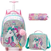 HTgroce Trolley Backpack with Wheels Pencil Case Lunch Bag 3-in-1 Lightweight Rolling School Bag for Girls School Bags Trolley Sets
