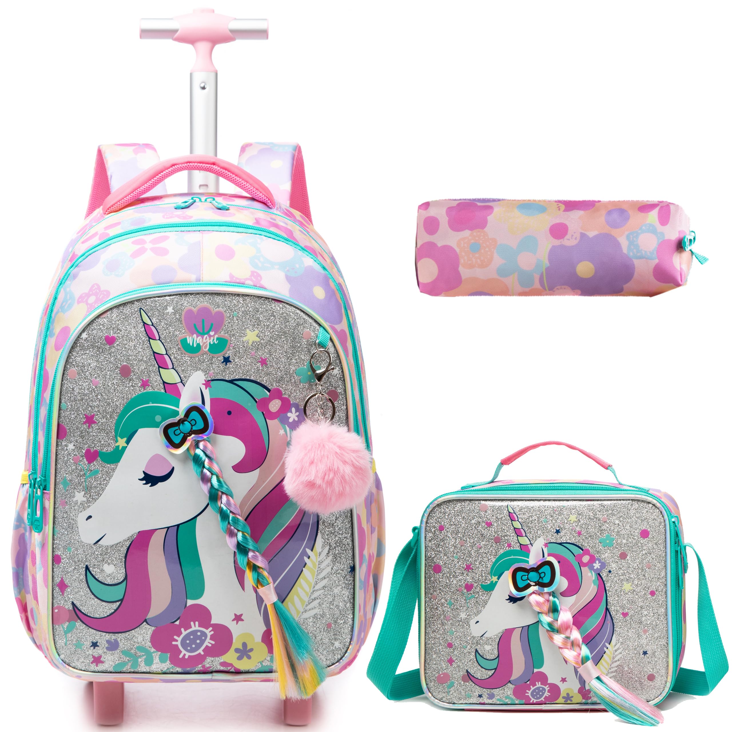 HTgroce Mochila Escolar con Ruedas Niña, Mochila Ruedas Niña Traiga un Estuche para lápices y una Bolsa para el Almuerzo