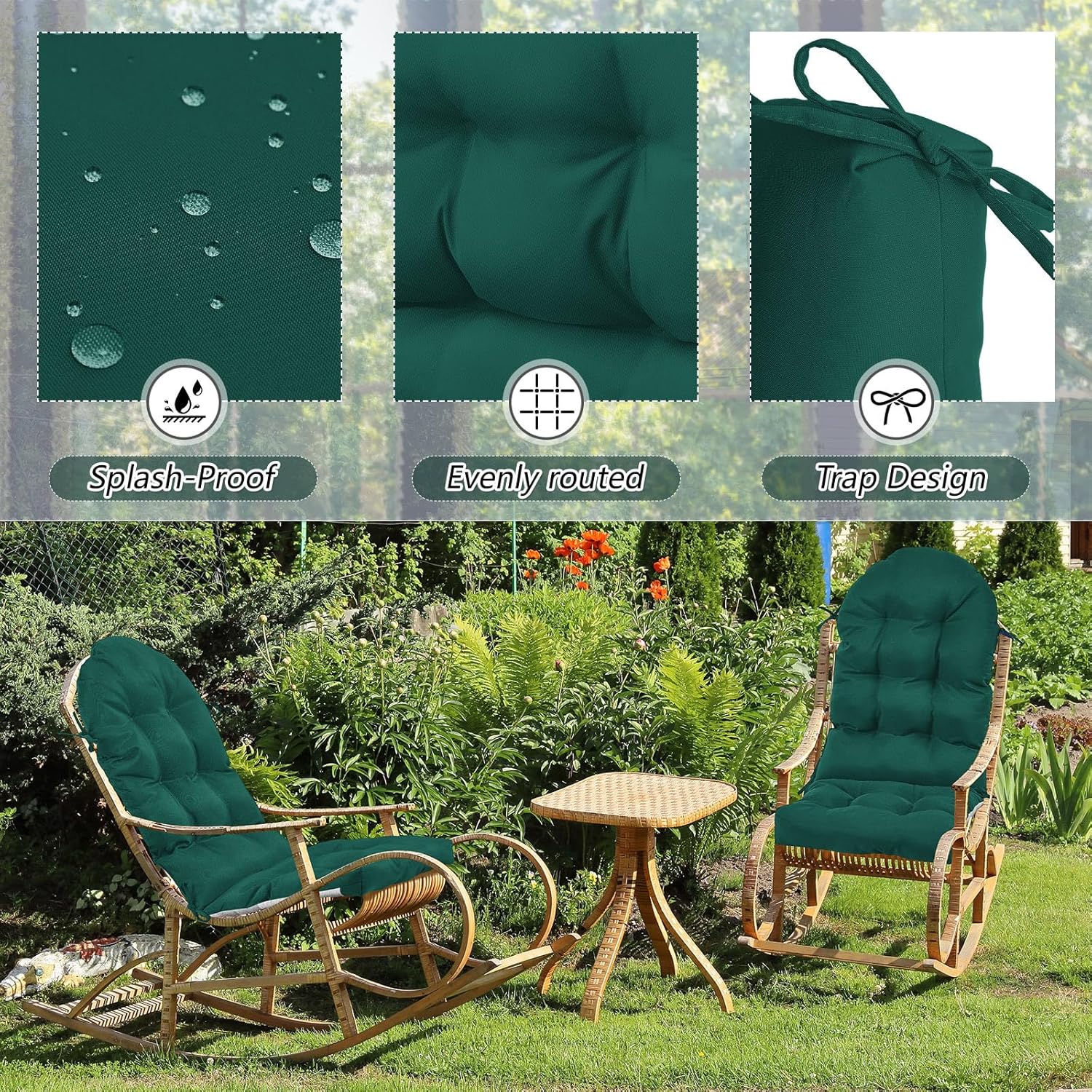 Geelin 4 Pcs Outdoor Patio Chair Cushion Thick High Back Adirondack Chair Cushion Tufted Weather & Fade Resistant Anti-Slip Outside Rocking Chairs Pads with Ties, 44 x 19 x 4 Inch (Dark Green)