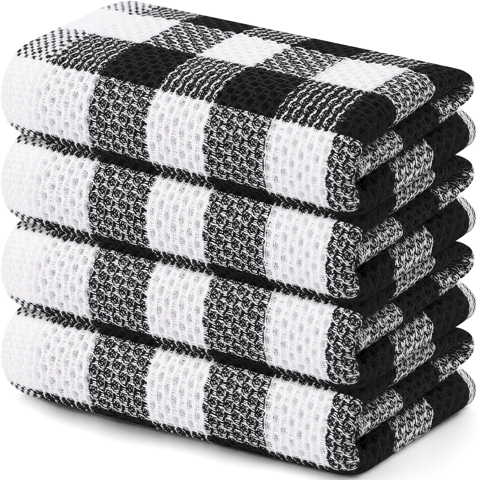 homing Buffalo Plaid Kitchen Towels Set, 4 Pack 100% Cotton Waffle Weave Dish Towels for Kitchen, Super Soft Absorbent Kitchen Hand Dish Cloths for Drying and Cleaning(13" x 28", Black & White)
