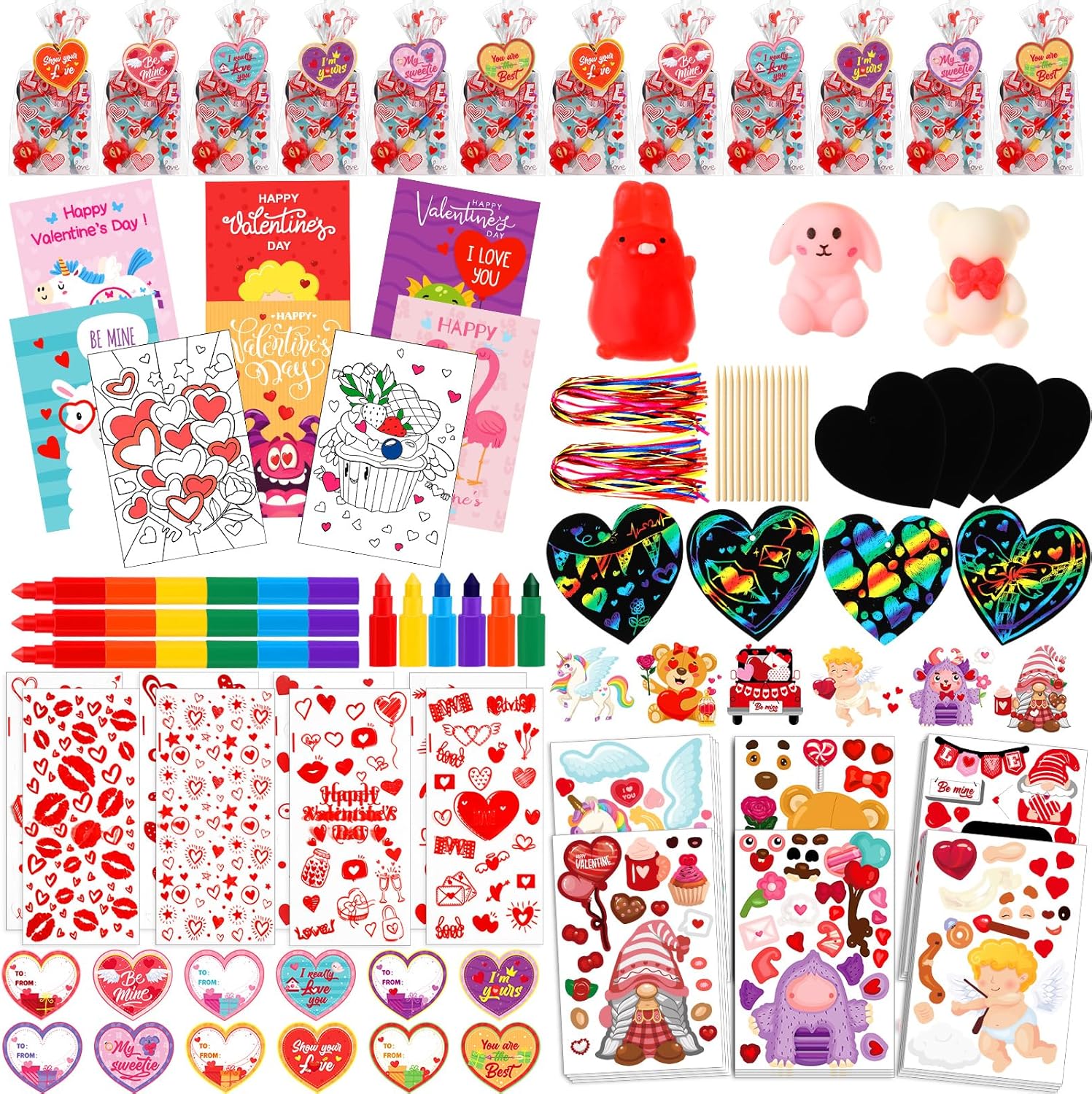 Pasimy 246 Pcs Valentines Day Party Favors 24 Pack Valentines Goodie Bags Stuffers with Coloring Books DIY Stickers Scratch Drawings Squeeze Gifts