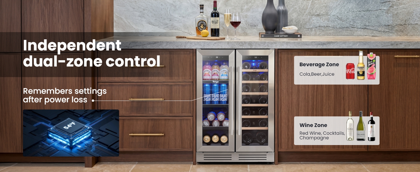 Image of Yeego Wine & Beverage Refrigerator, 24 Inch 60 Cans and 20 Bottles Dual Zone Wine Cooler with Glass Door, 36-72F Drink Cooler for Built-in or Freestanding, For Kitchen,Bar or Office