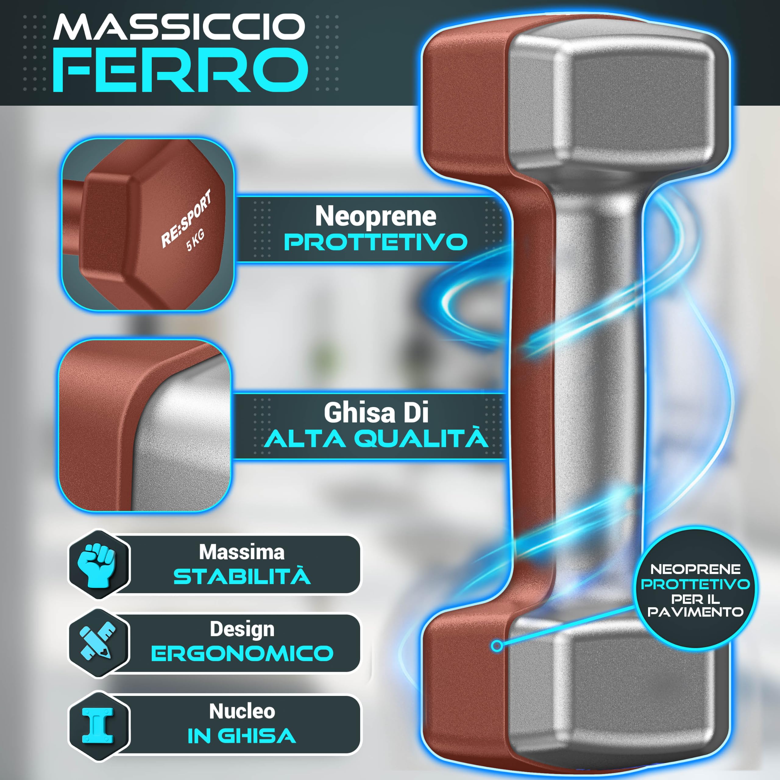 RE:SPORT® Set di manubri da 3 paia, da 1 kg a 5 kg, 12 kg o 18 kg, con supporto e 3 fasce da fitness, manubri corti antiscivolo in neoprene per uomo e donna, set di manubri