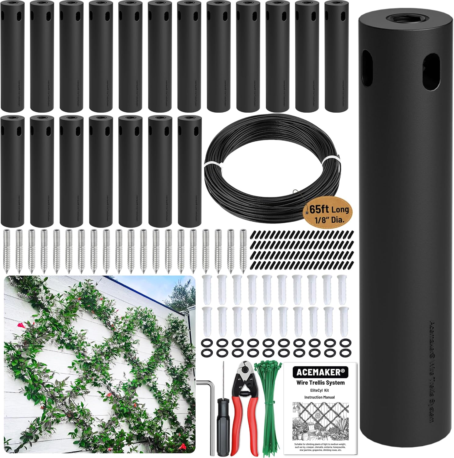 Wire Trellis for Climbing Plants Outdoor, 20-Set Black ABS Plastic Wall Wire Trellis Kit with 1/8" x 65ft Vinyl Coated Cable & Cutter, Stainless Steel Cable Espalier System for Garden Fence