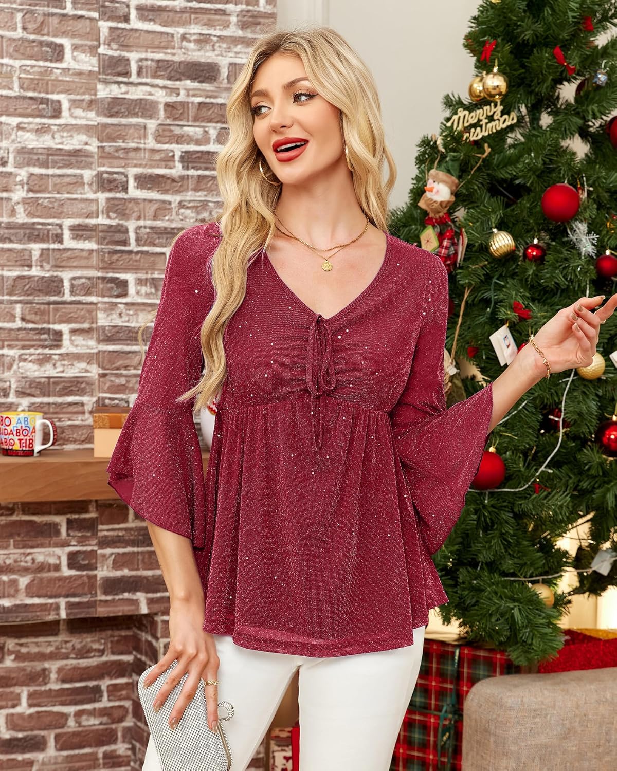 Womens Blouses Dressy 3/4 Ruffle Sleeve Sparkly Shirts Mesh Flowy Elegant Fall Peplum Tops for Evening Party - Image 5