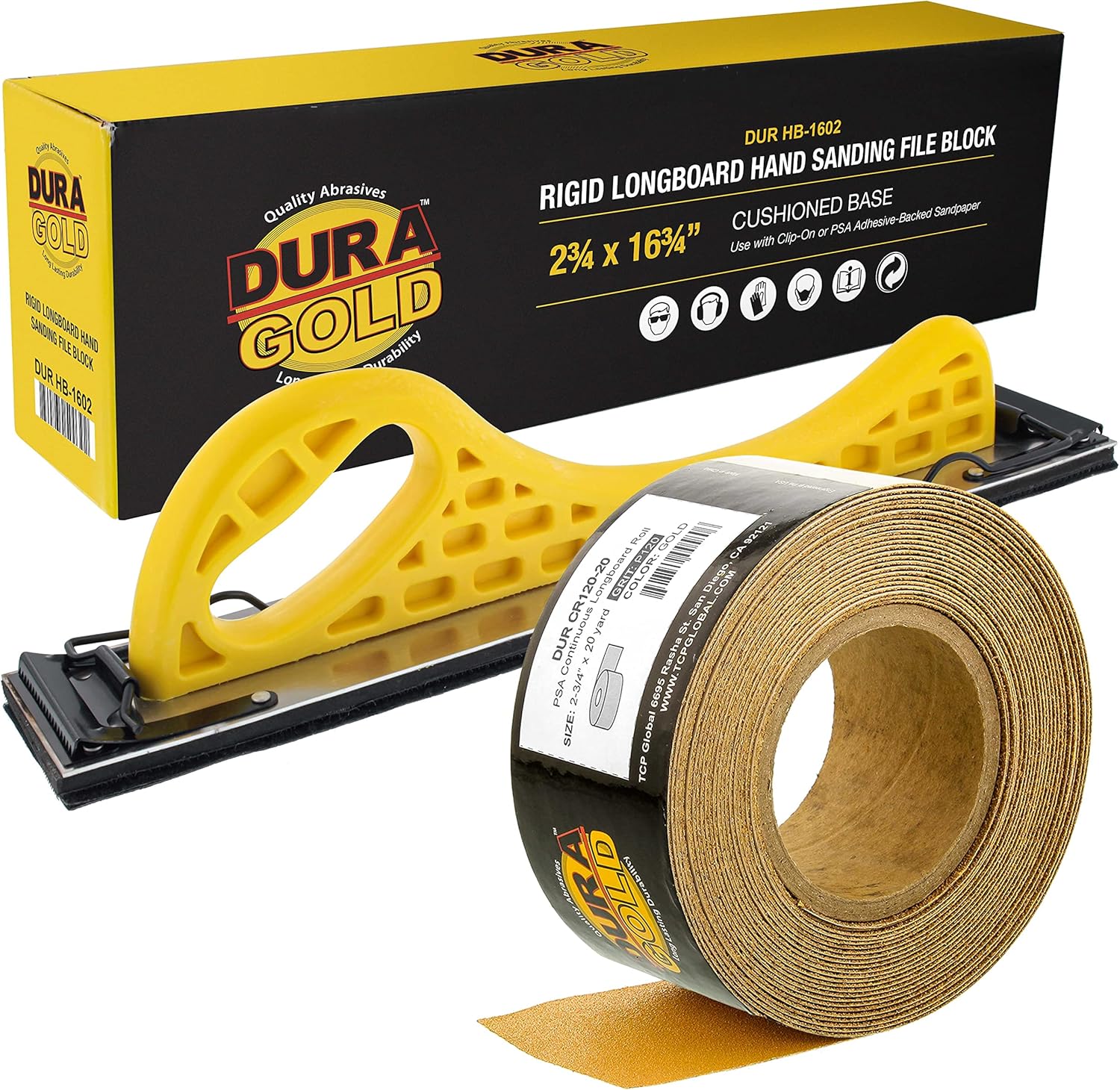 Dura-Gold Pro Series Longboard Hand Sanding File Sander Block - Hook & Loop Backing and PSA Backing Adapter Pad & 120 Grit PSA Longboard Sandpaper 20 Yard Continuous Roll, 2-3/4" Wide