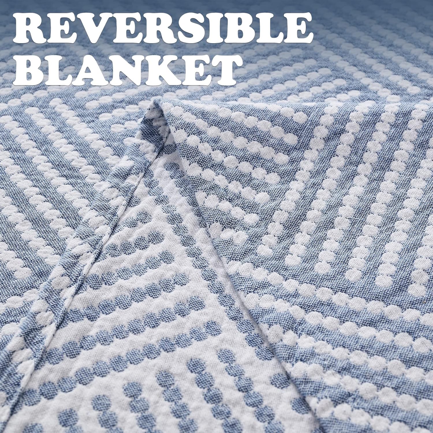 jinchan Boho 100% Cotton Blanket Muslin Twin Size 60x80 Inches Lightweight 3-Layer Geometric Square Striped Pattern Reversible Quilt Throw Soft Breathable Comfy All Seasons for Couch Bed Decor, Blue - Image 5