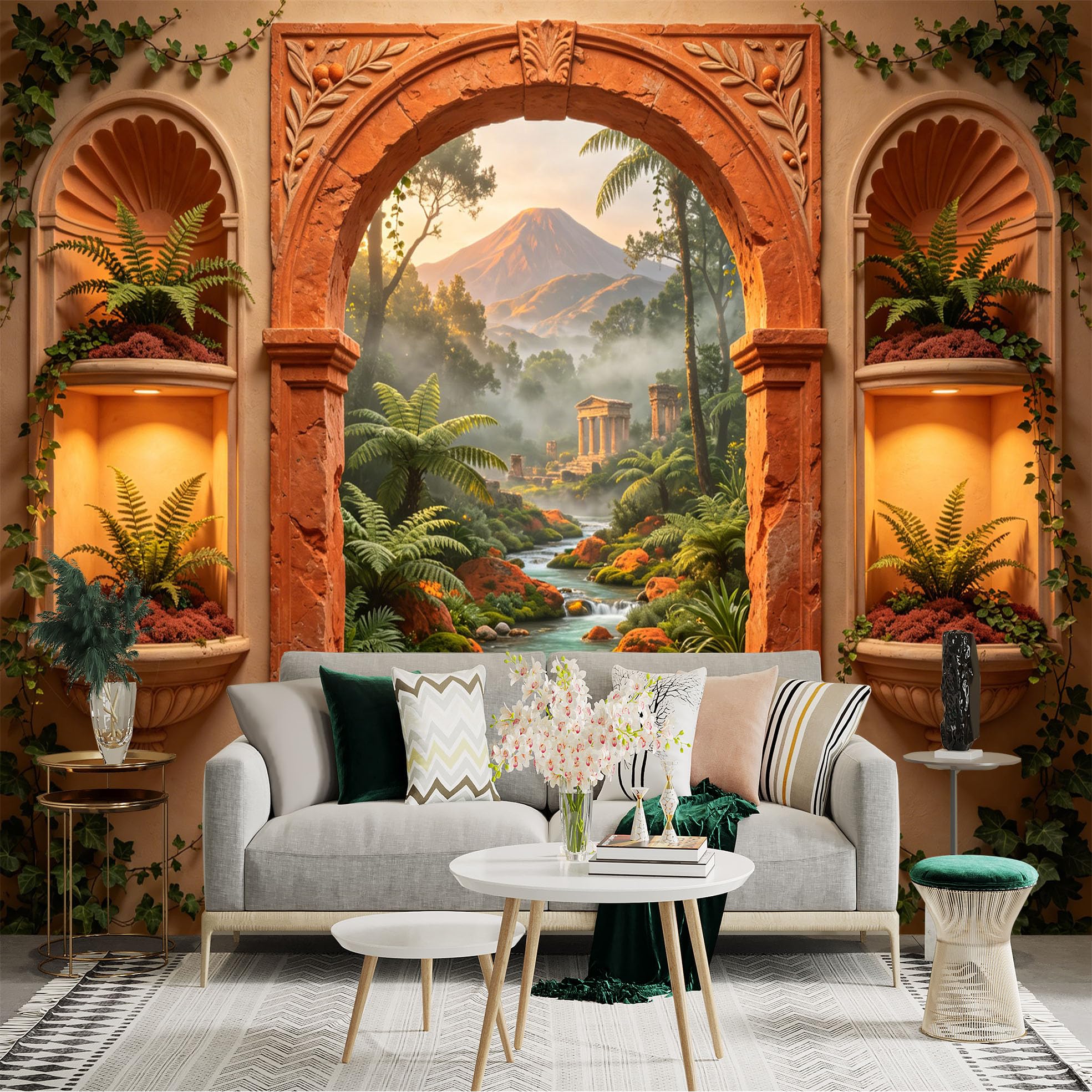 Custom Size Wall Sticker Mural， Mediterranean Garden with River， Ancient Ruins and Sunset Landscape， for wall Decoration， peelandstick wall Decals.