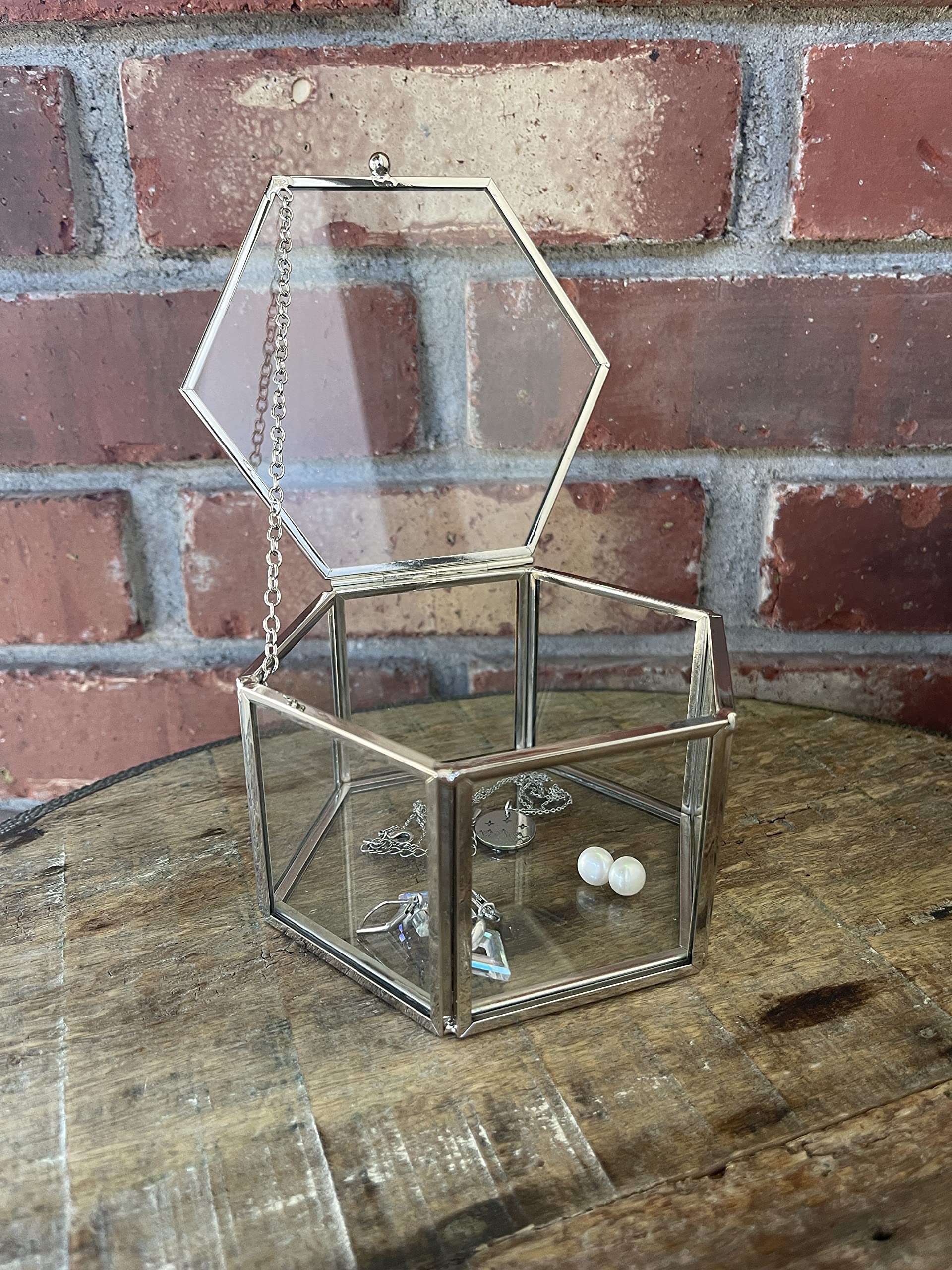 Silver Large Hexagon Glass Ring Box/Wedding Proposal Display/Geometric Ring Bearer Box/Trinket Earring Jewelry Box/Decorative Home Organizer