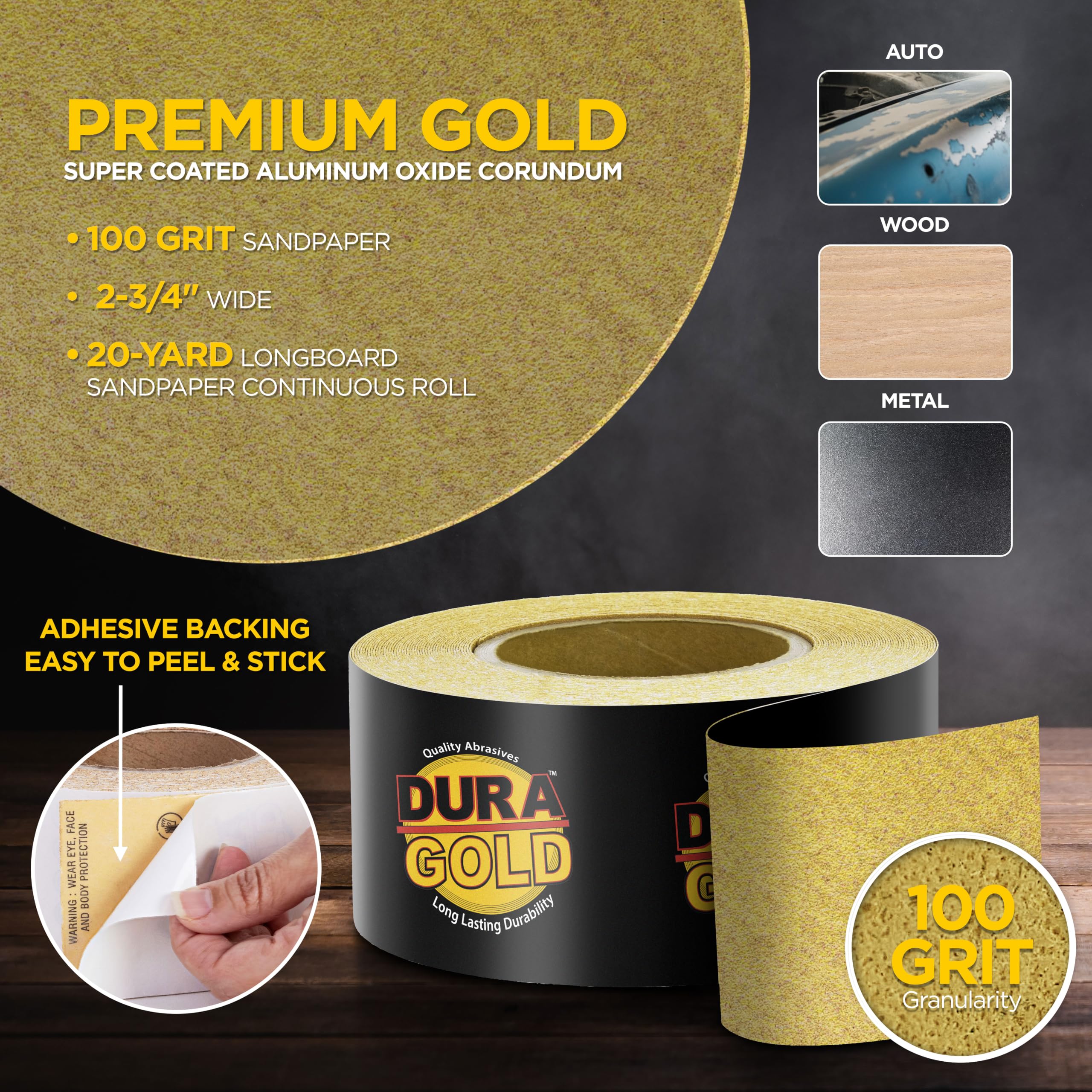DuraGold Premium 80 Grit Gold Rollo de longboard continuo de 20 metros de largo por 2 3 4 pulgadas de ancho PSA autoadhesivo de respaldo adhesivo para lija de Longboard para automoción y carpintería
