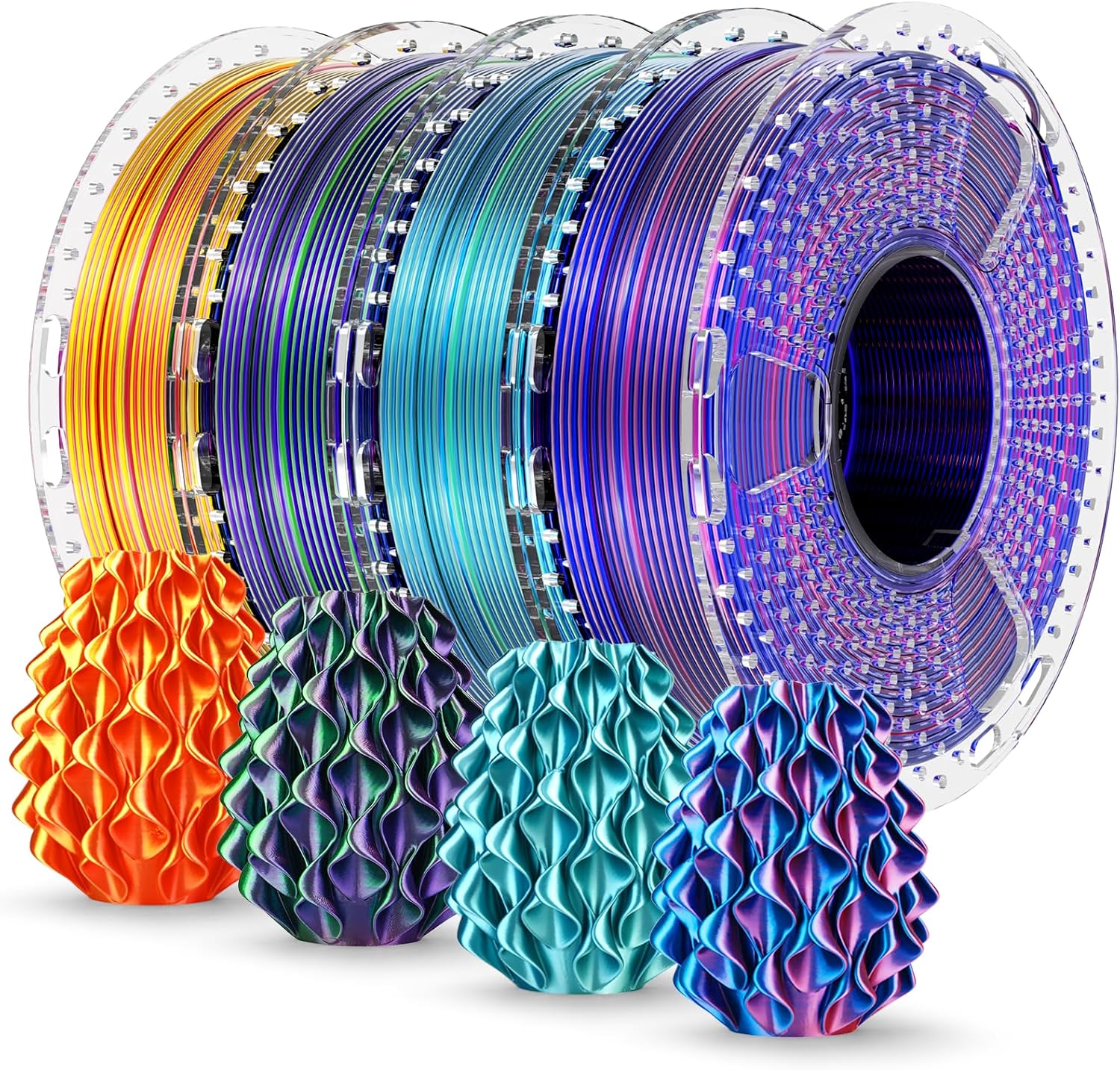 SUNLU Silk PLA+ Filament 1.75mm Multicolor 250gx4, Silky Glossy PLA Plus 3D Printer Filament Bundle, Red Gold+Blue Green+Red Blue+Green Purple