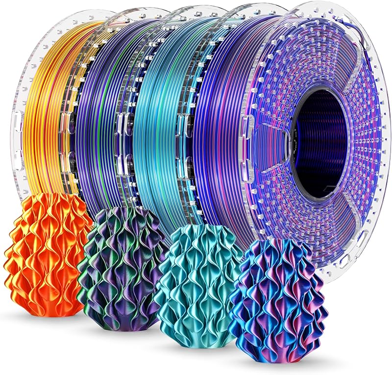 Filamento SUNLU Silk PLA+ de 0.069 in, multicolor, 8.82 oz x 4, paquete de filamentos para impresora 3D PLA Plus sedoso y brillante para impresoras 3D Bambu Lab, rojo dorado+azul verde+rojo azul+verde morado