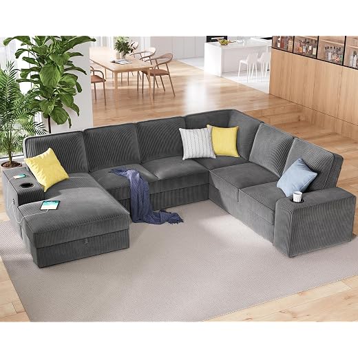 112 inch Sectional Sofa, Oversized Sofa with Storage Chaise, U Shaped Sofa Couch with USB Ports, Corduroy Couch—Grey