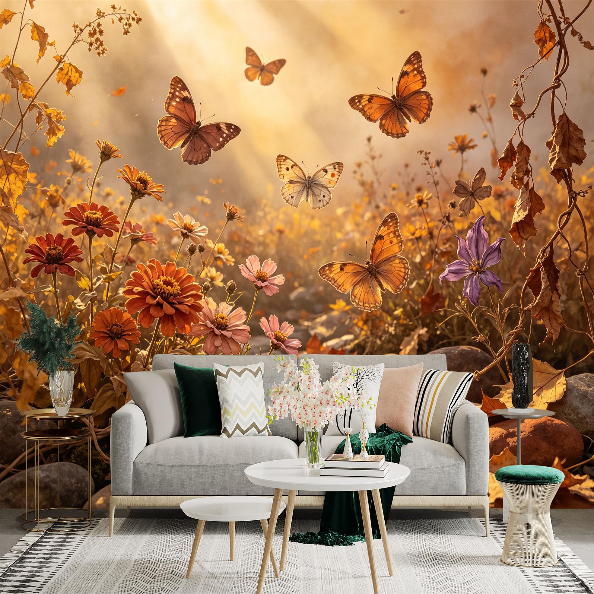 Lnzczhyre Bh260719675 Custom Size Wall Sticker Mural， Flying Butterflies In Golden Autumn Meadow， Sunlit Garden Flowers And Fallen Leaves， For Wall Decoration， Peelandstick Wall Decals.