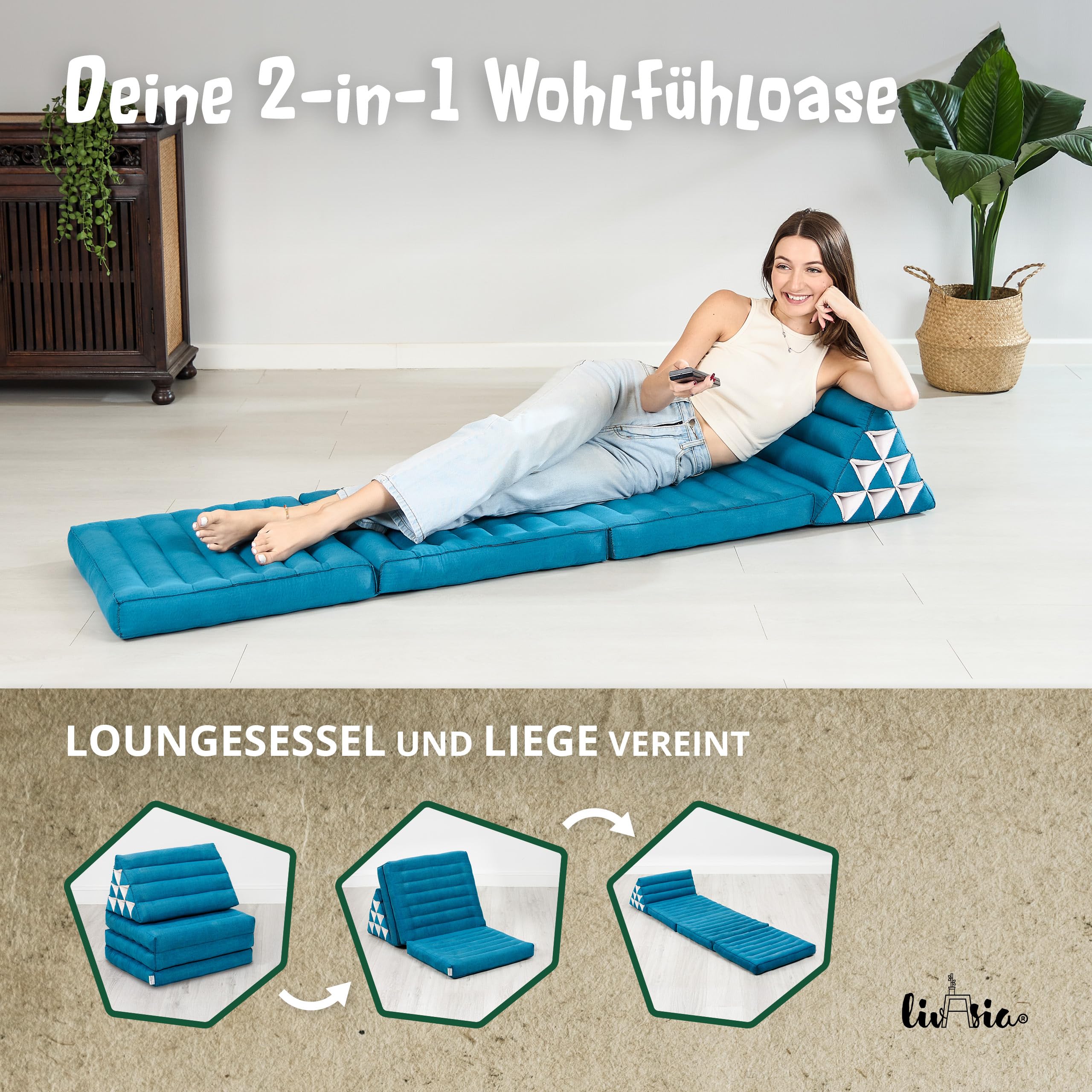 livasia Thaikissen 3 Auflagen einfarbig - 175x50x8cm - Dreieckskissen Klappmatratze, Keilkissen Kapok, Rückenkissen faltbar, Thaimatte Klappen, handgefertigt, Meditationskissen (Hellblau Uni)