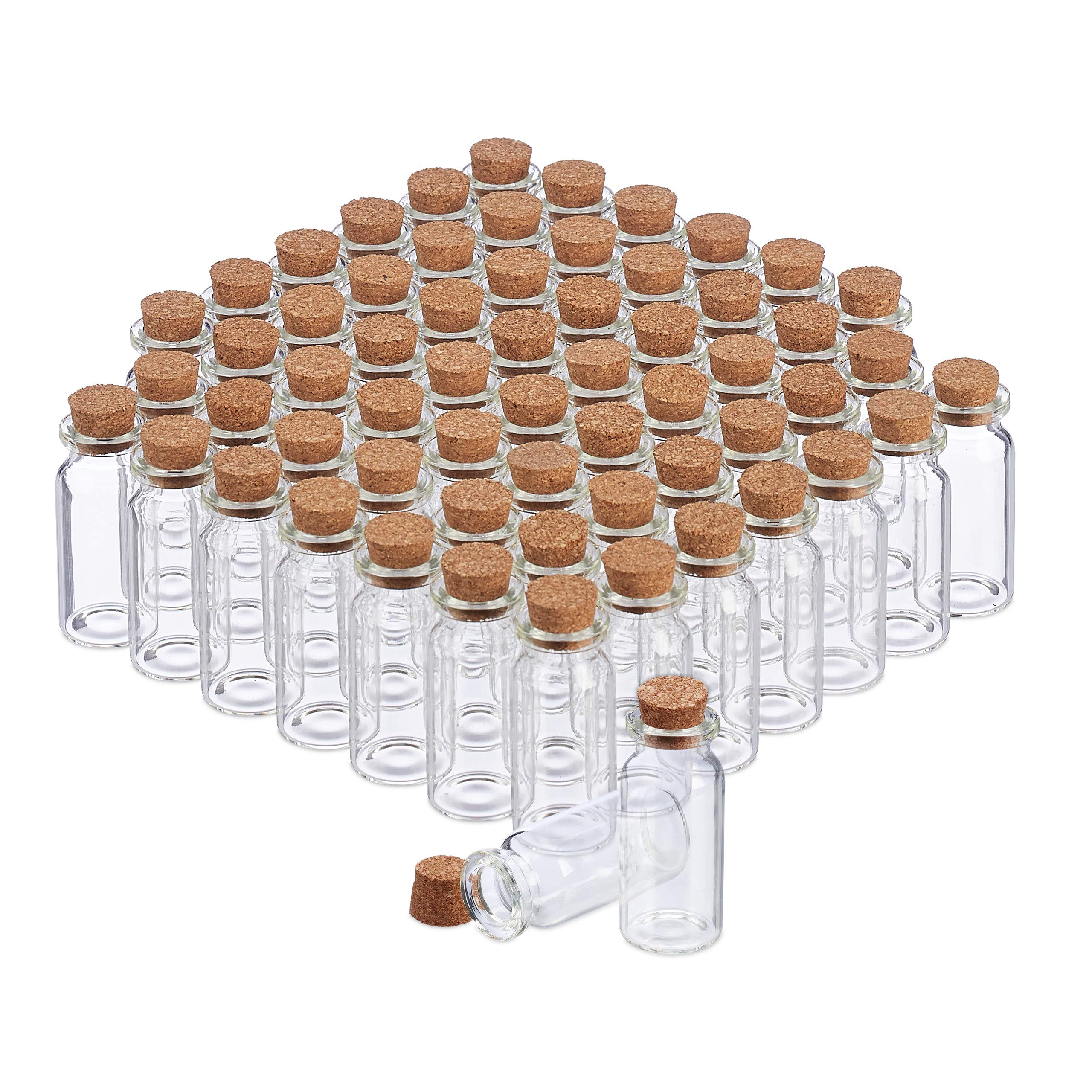 Relaxdays Glasfläschchen mit Korken, 60 Stück, Mini Fläschchen für Öl, Gewürze, Kräuter, Sand, 10 ml, Deko, transparent