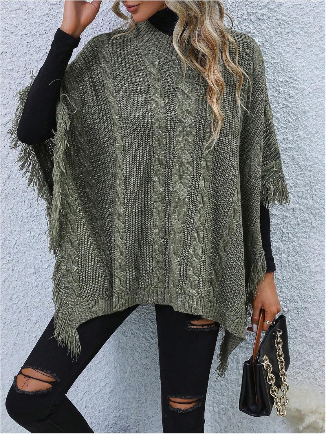 SOLY HUX Women's Poncho Sweater Fringe Shawl Mock Neck Half Sleeve Knit Asymmetrical Cape Trendy Pullover Tops - Image 3