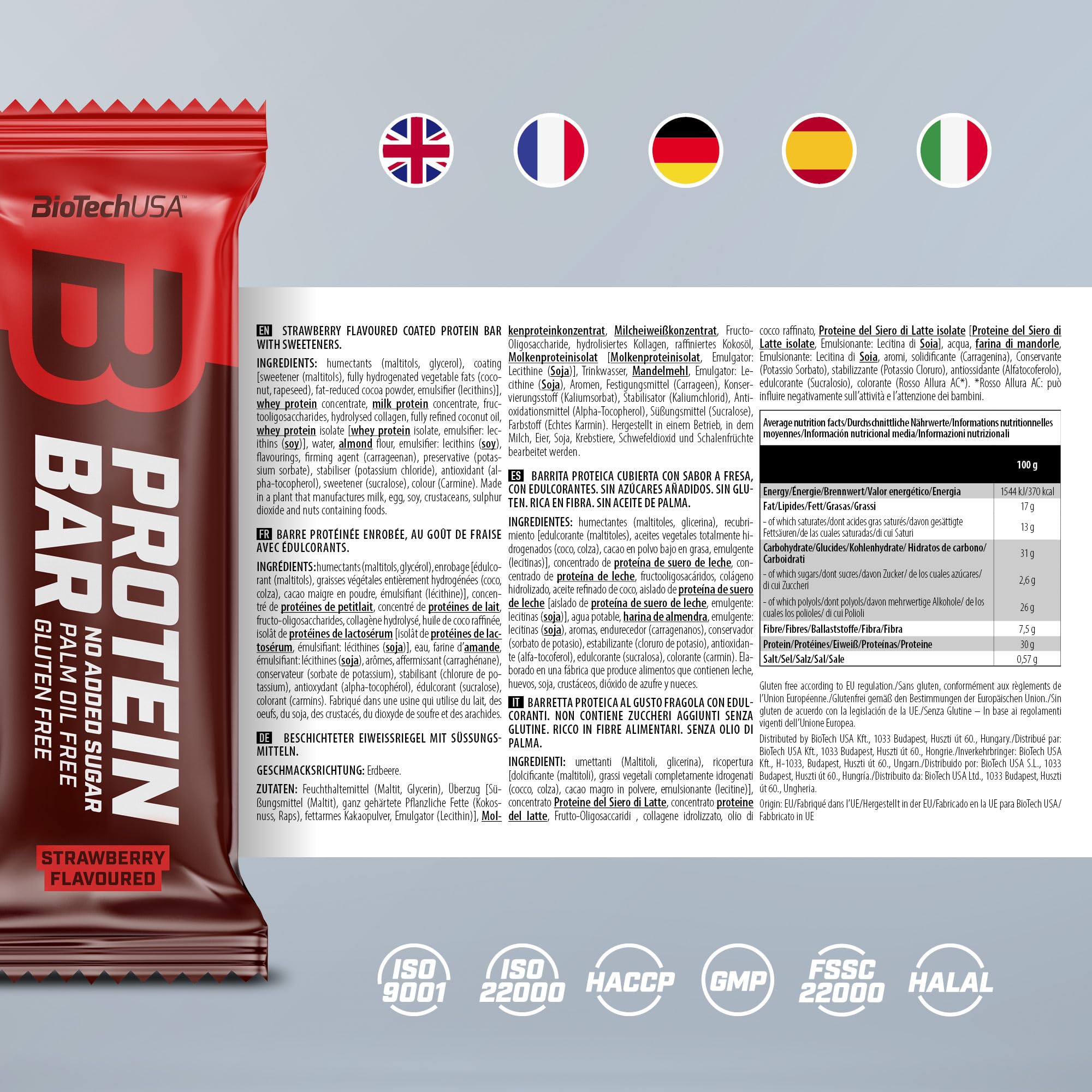 BioTech USA Protein Bar, 16 x 70 g Riegel (Strawberry)