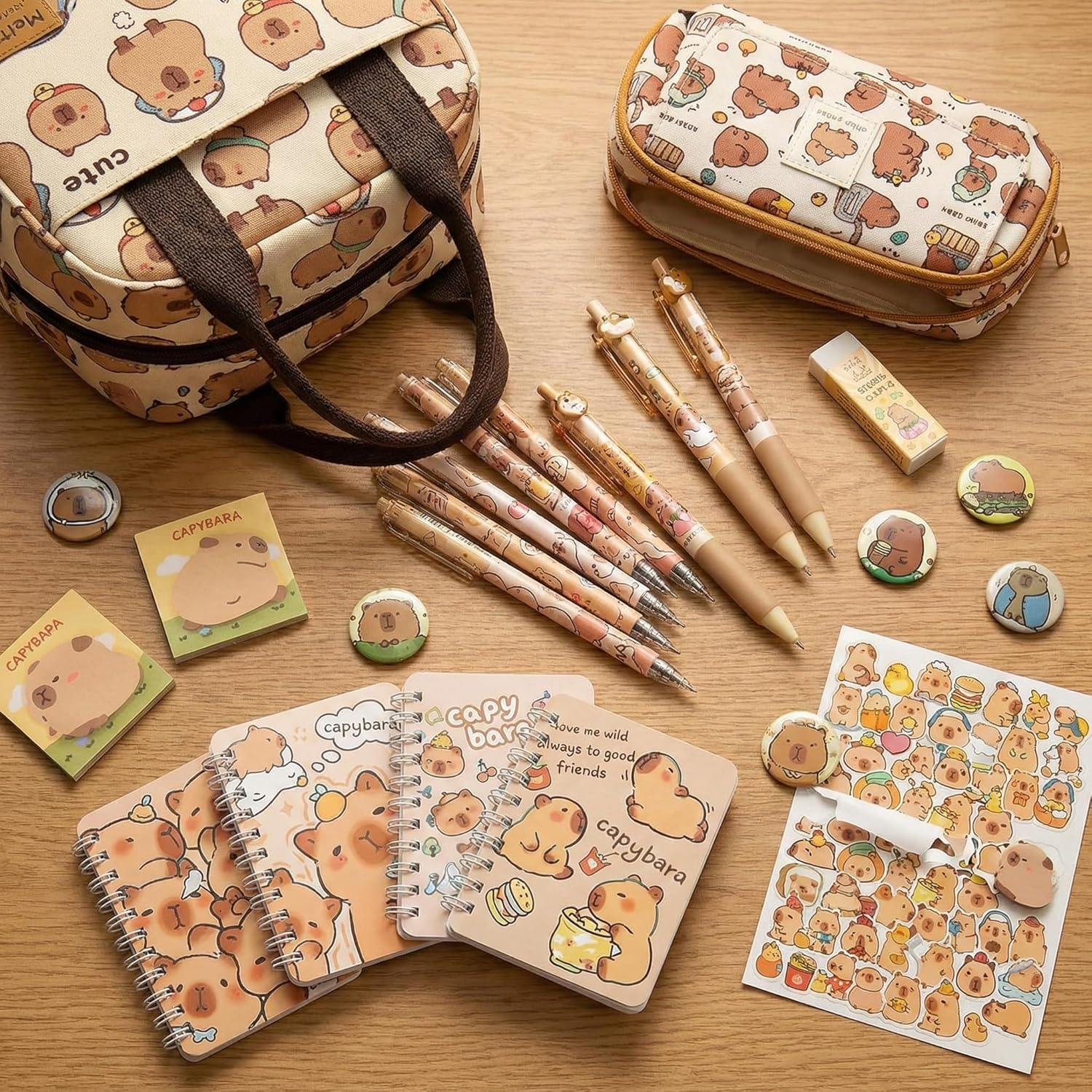 Waterproof Capybara Backpack，Large-capacity Kawaii capybara bag with 31-Piece Accessories (Pencil case, notebook, sticky notes, lunch bag, gel pen and others)