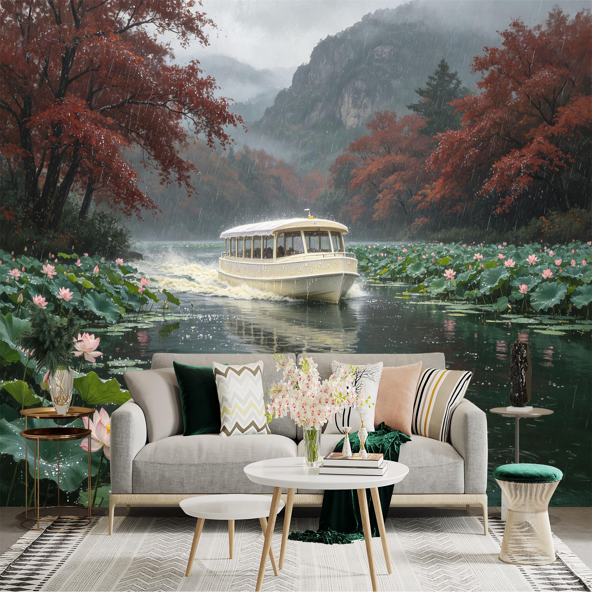 Custom Size Wall Sticker Mural， Rainy Lake Scene， Red Maple Trees， Boat on Calm Water， Blooming Lotus Flowers， for wall Decoration， peelandstick wall Decals.