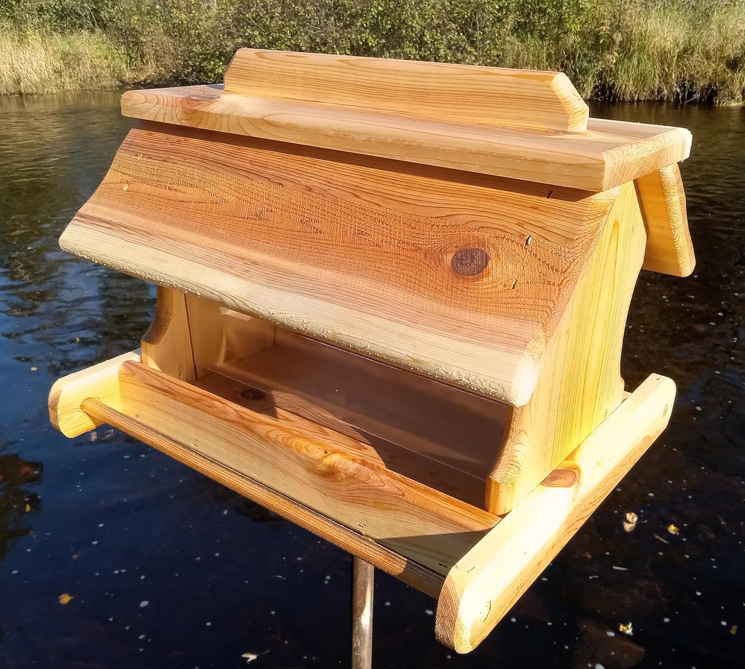 16 Inch Cedar Wood Post Mount Bird Feeder for Outdoors
