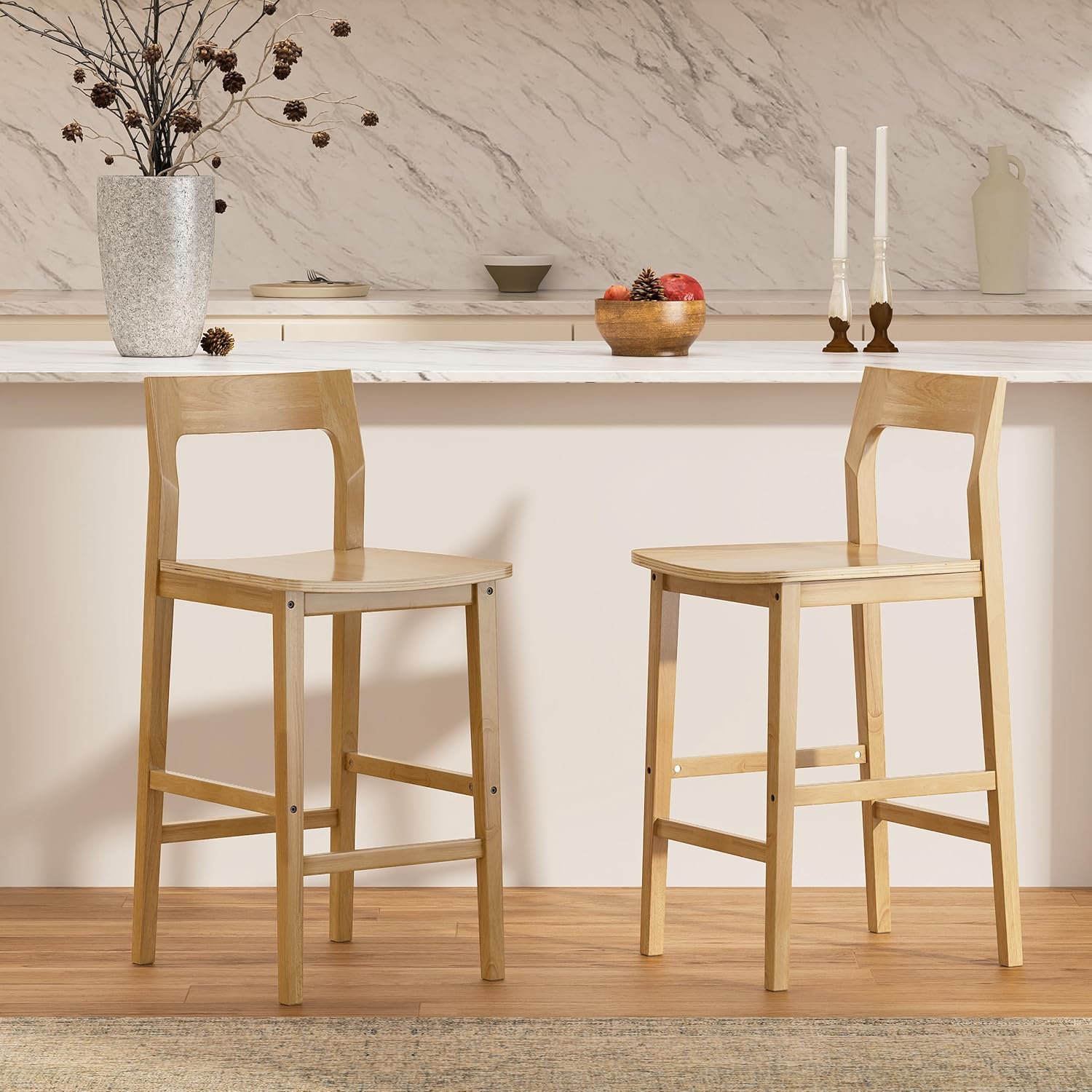 Counter Height Stools Set of 2, Farmhouse 25” Bar Stools with Solid Wood Legs & Back, Mid Century Modern Barstools Chairs for Kitchen Island, Dining Room, Cafe, Pub, Natural Oak